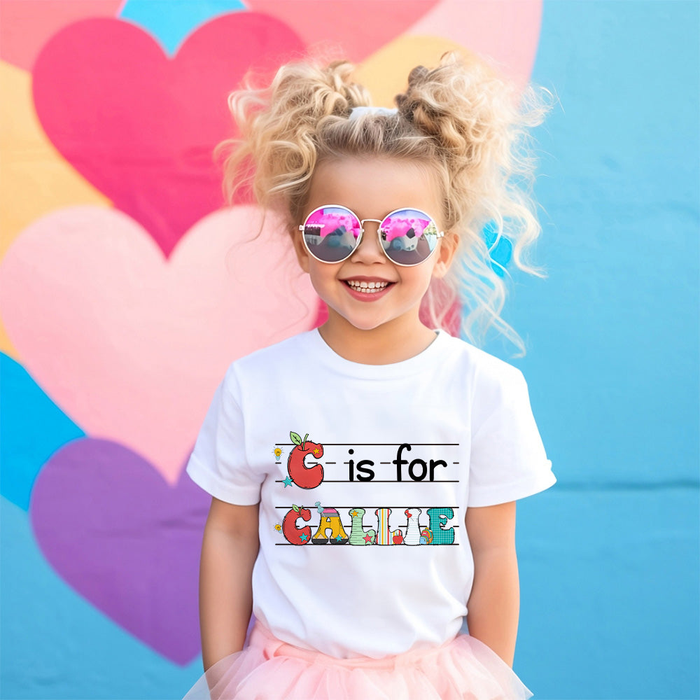 Alfabeto Multicolor Personalizado 100% Algodón Camiseta Infantil con Nombre e Inicial Regalo de Vuelta al Cole Cumpleaños Día del Padre para Niños