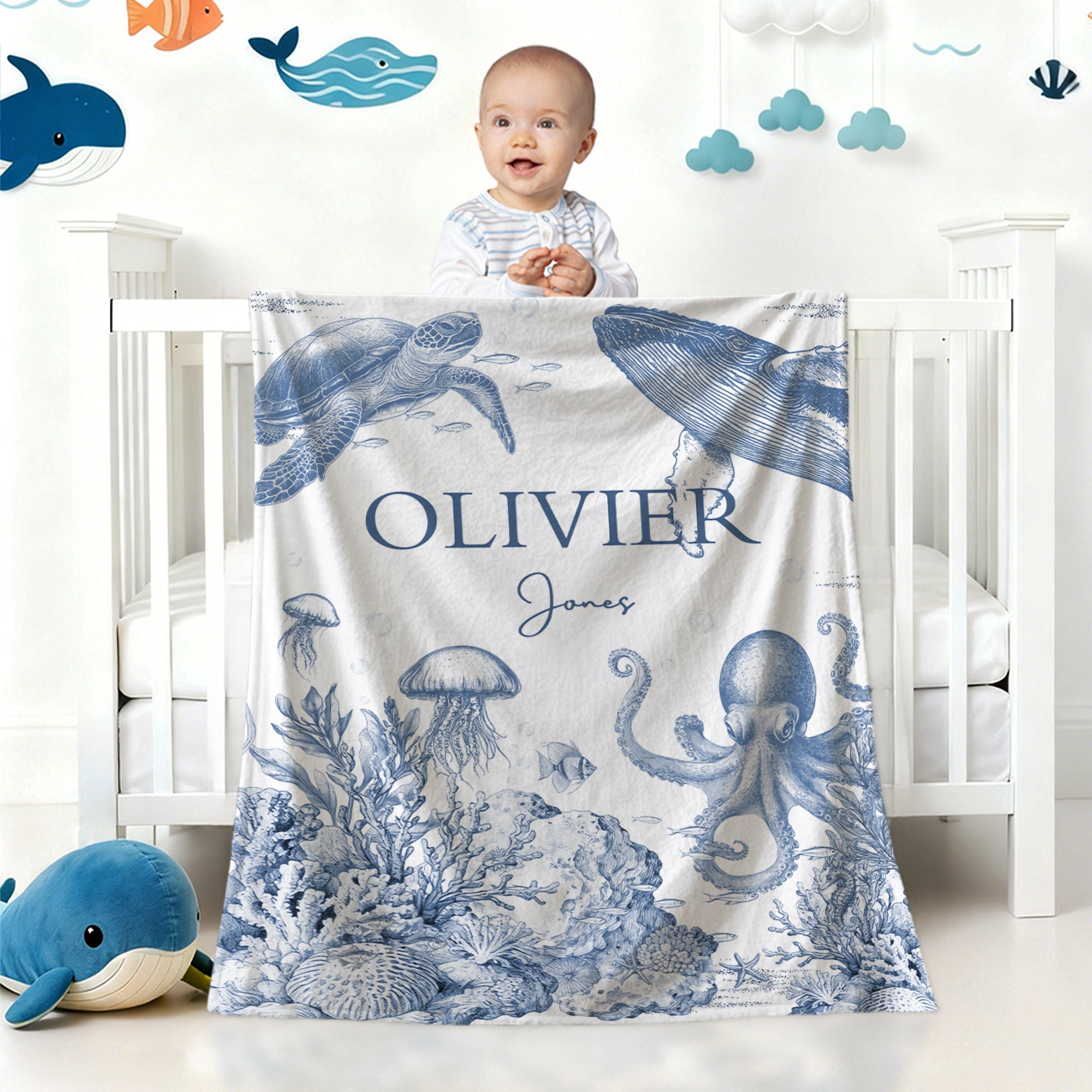 Manta personalizada estilo retro de animales del océano con nombre Decoración para cumpleaños Baby Shower Regalo de Navidad para recién nacidos Niños
