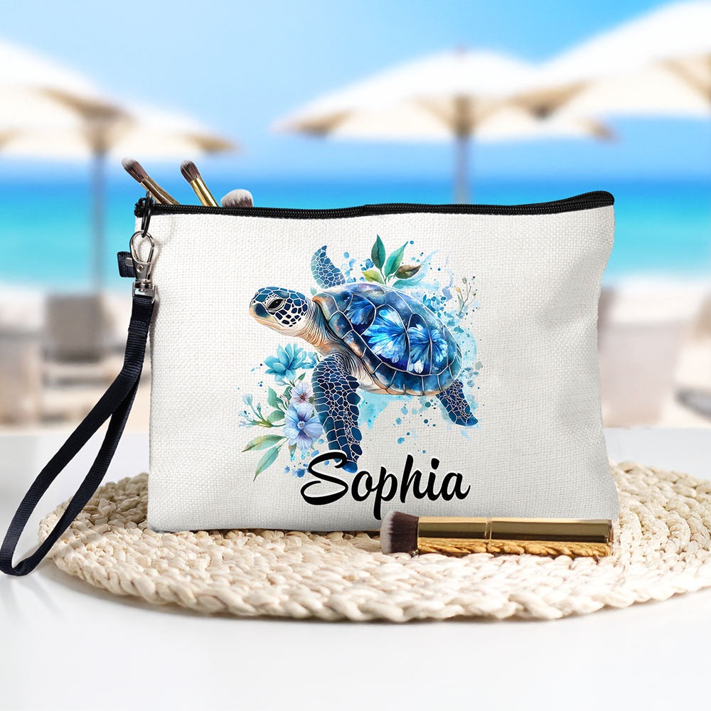 Bolsa de maquillaje personalizada con forma de tortuga marina con nombre y correa para la muñeca Accesorio de viaje Regalo de cumpleaños para mujer