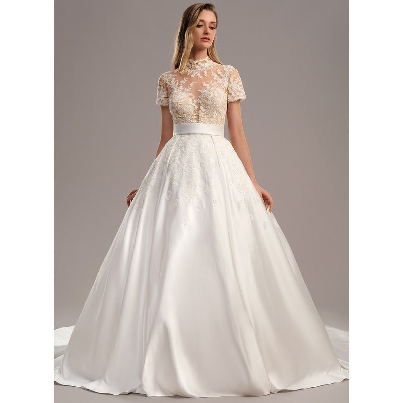 Bridal Wedding Dress White Short Sleeve Long High Neck Ball-Gown Princess