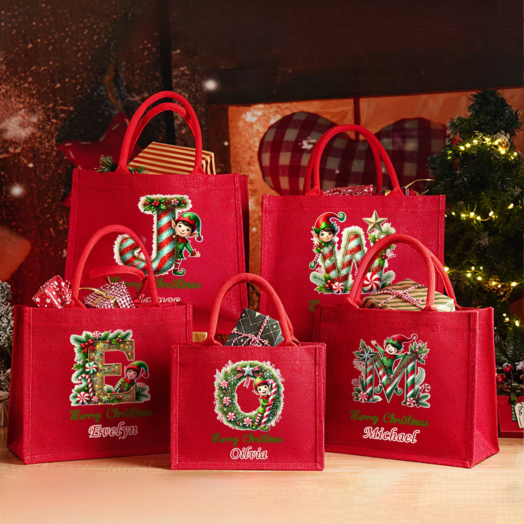 Bolsa de yute roja grande personalizada con nombre e inicial Feliz Navidad Elfo Simpático Fiesta de Navidad Regalo para niños