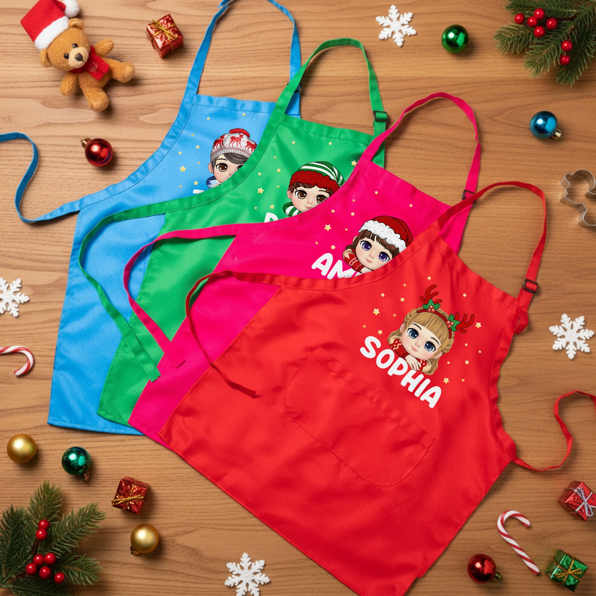 Personalizada de Navidad de dibujos animados de personajes infantiles ajustable delantal Chef Gorro Set con Nombre de Navidad Cumpleaños Regalo para Niños Niñas