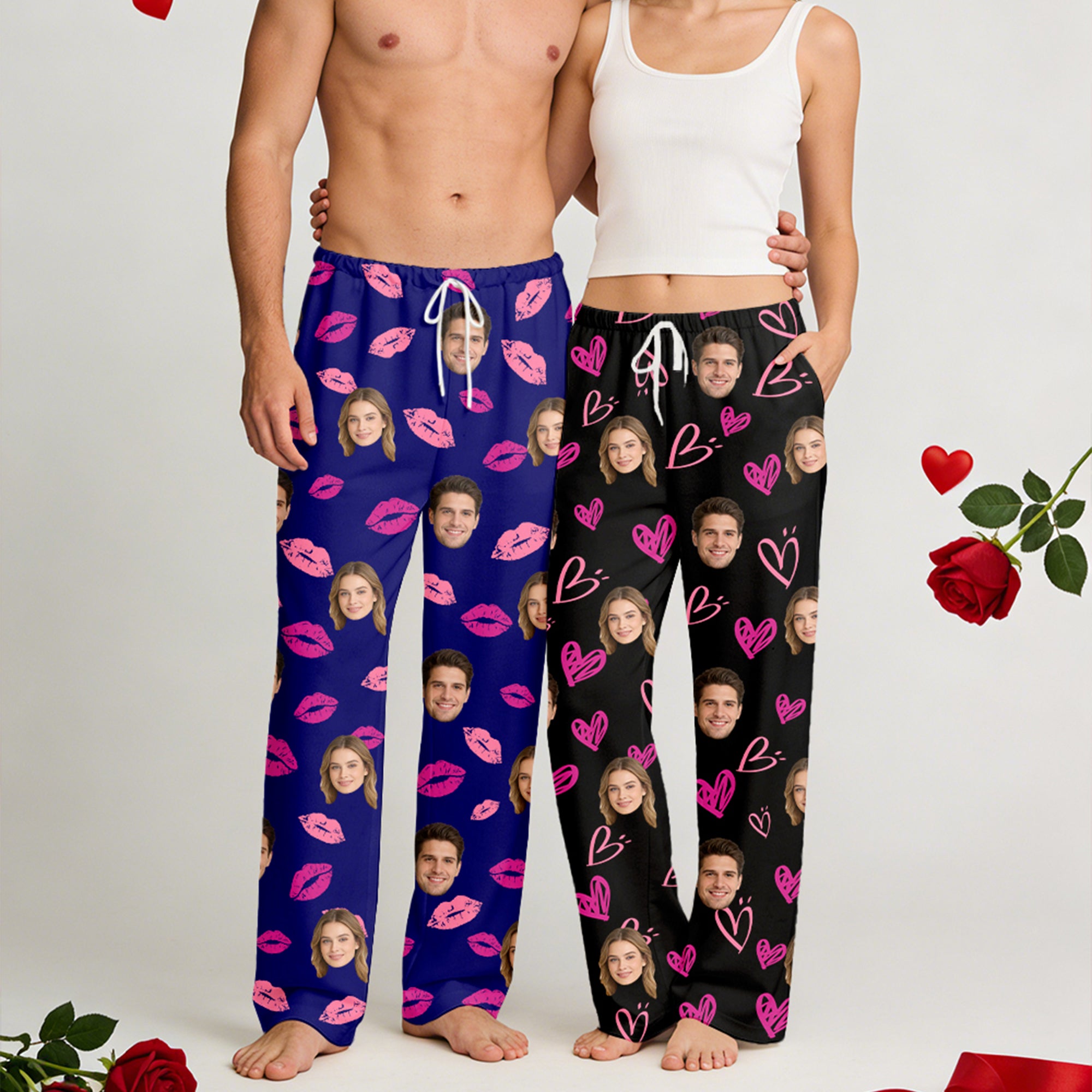 Personalizado Labio Corazón XOXO Diseño Cara Foto Suave Piel Pijama Largo con Cordón Día de San Valentín Cumpleaños Regalo para Mujeres Hombres Parejas
