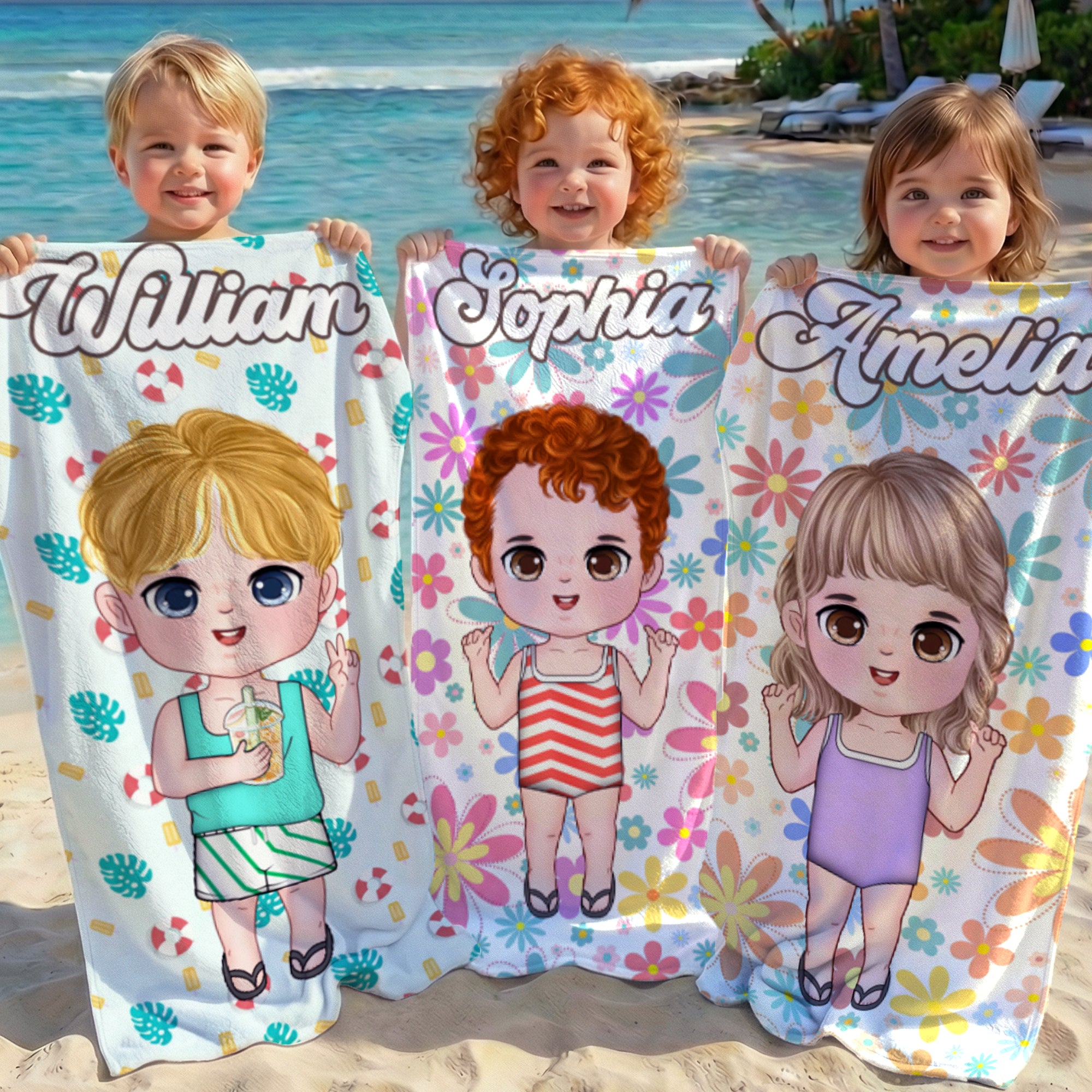 Toalla de playa de microfibra de secado rápido personalizada con personaje de dibujos animados y bolsa de cordón con nombre Vacaciones de verano Fiesta en la playa Regalo para la familia Amigos