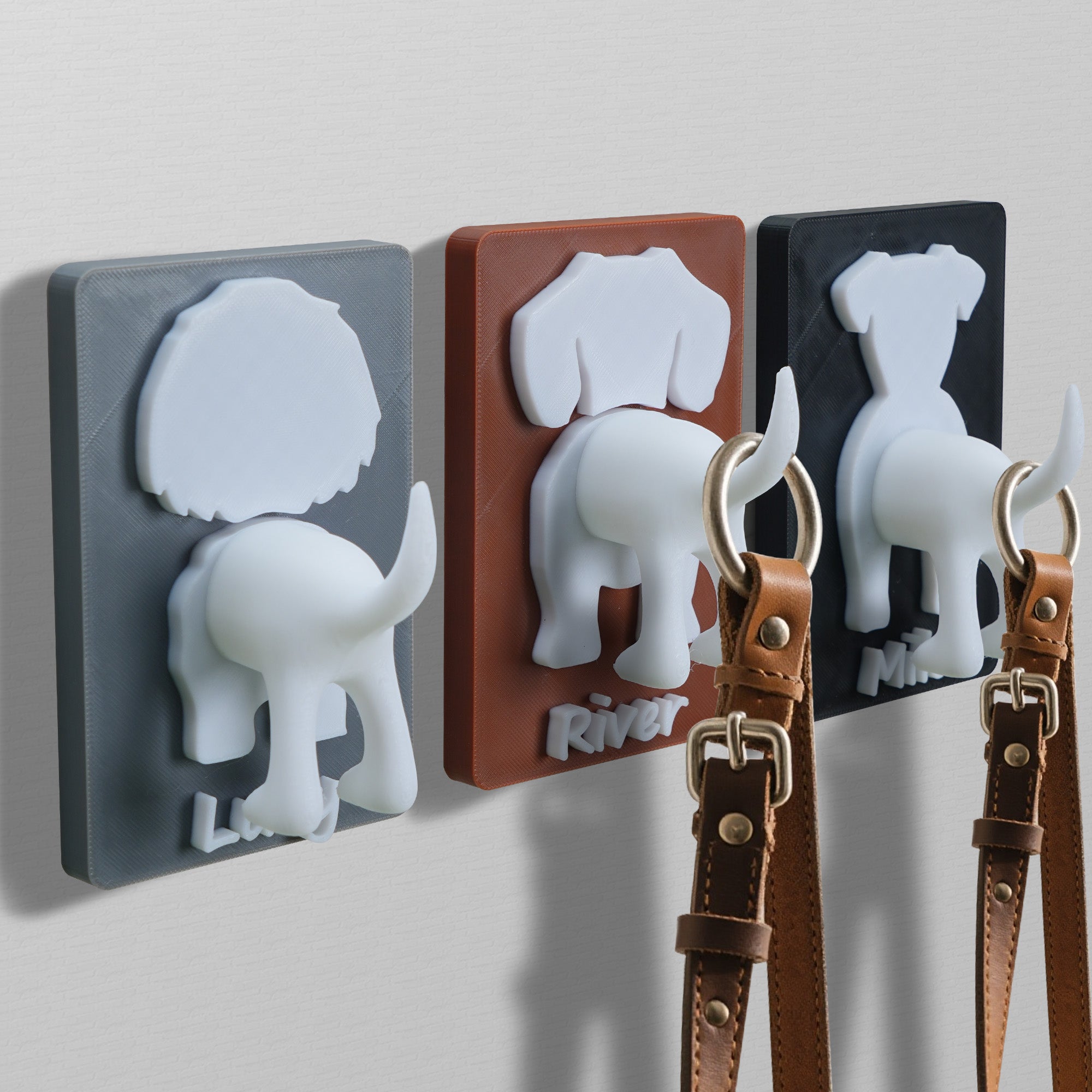Personalizado 3D-impreso perro silueta trasero correa titular con nombre de pared decoración cumpleaños inauguración de la casa regalo para perro amante propietario