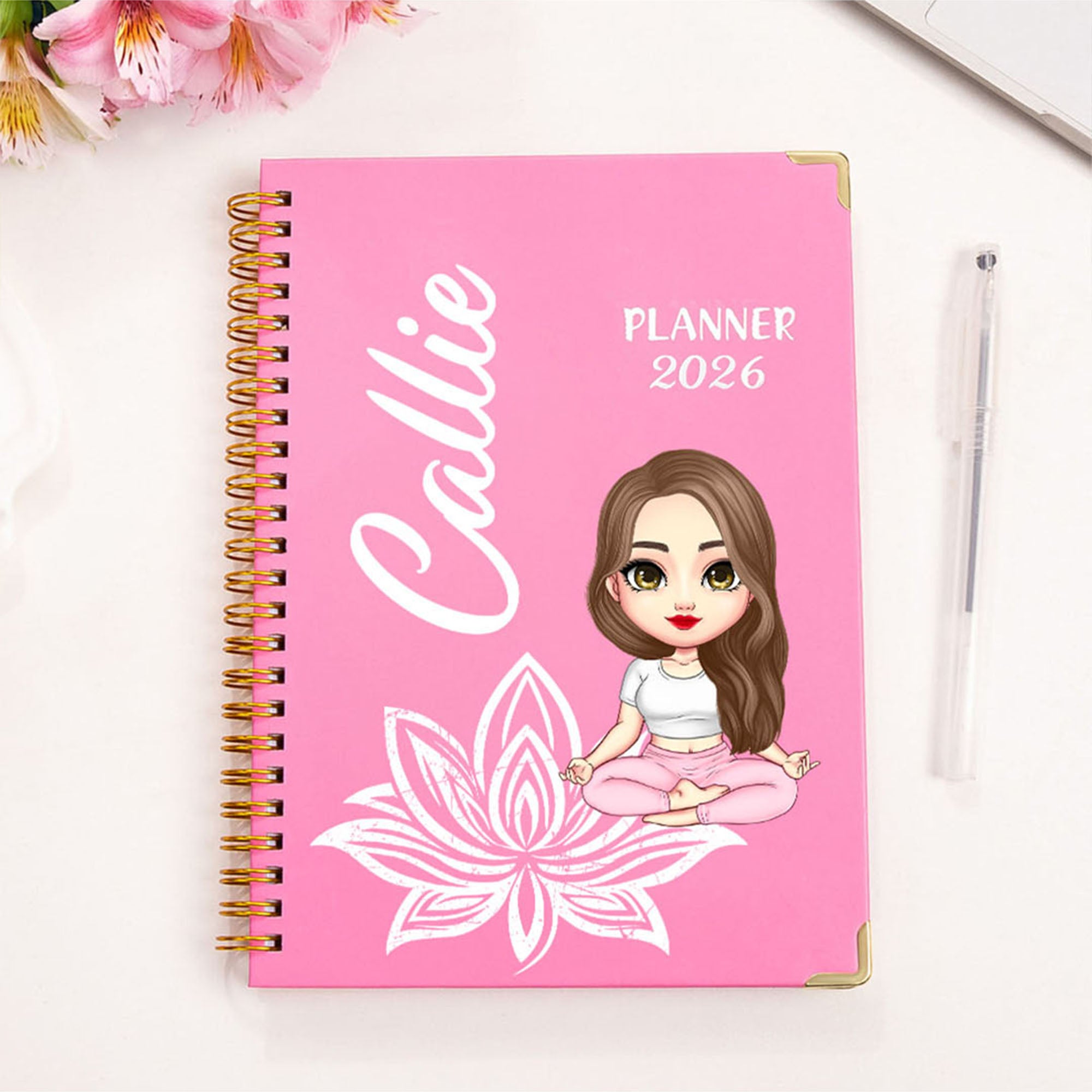 Personalizada de dibujos animados Yoga Chica A5 espiral Diario cuaderno 2026 semanal mensual Planificador con nombre Año Nuevo Cumpleaños Regalo para las mujeres