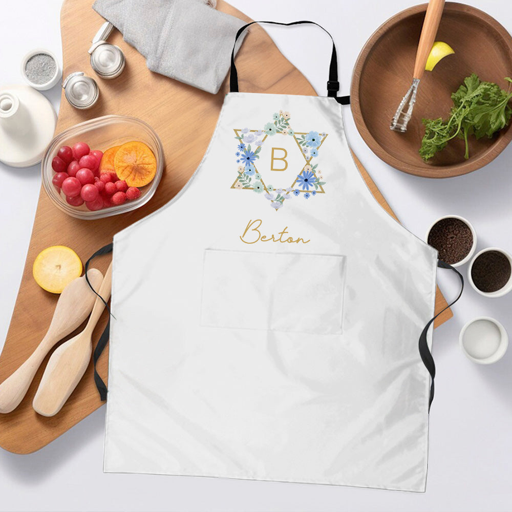 Delantal impermeable con estrella floral judía personalizada con nombre y bolsillos delanteros Regalo de inauguración de la casa y Pascua judía para amante de la cocina judía