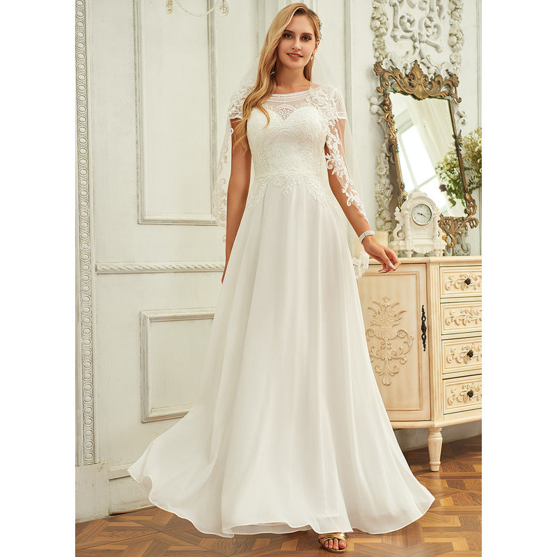 Bridal Wedding Dress Ivory Short Sleeve Long Scoop A-line