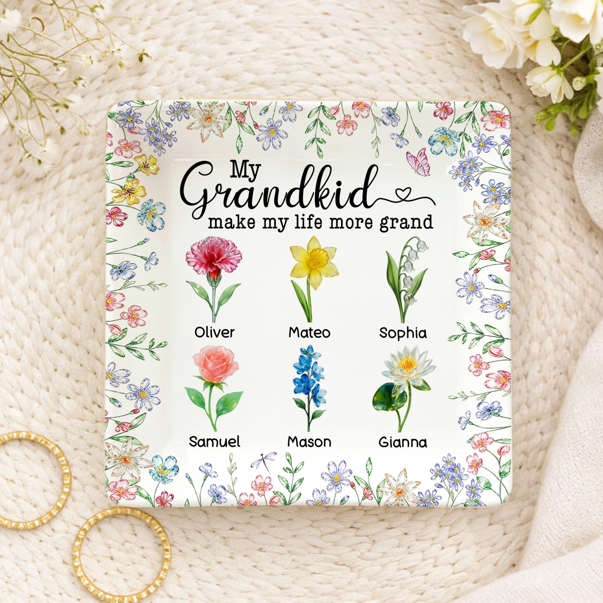 Personalizado Cristal Nacimiento Flor Mariposa Baratija de cerámica cuadrada Joyería Plato con 1-10 Nombres Día de la Madre Cumpleaños Regalo para Mamá Abuela