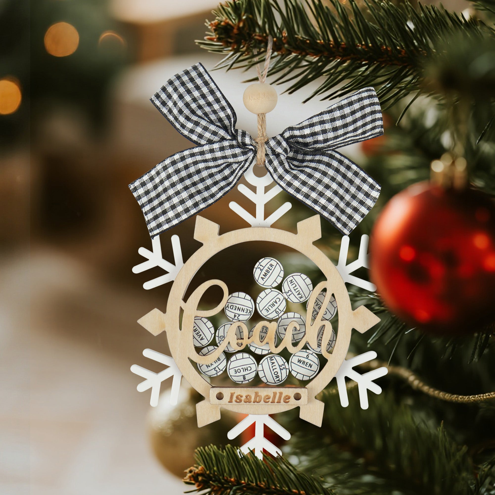 Arco de voleibol personalizado Copo de nieve Ornamento de madera 3D Shake con 6-14 nombres Decoración del árbol de Navidad Regalo de fin de temporada Día del equipo para el entrenador Atleta
