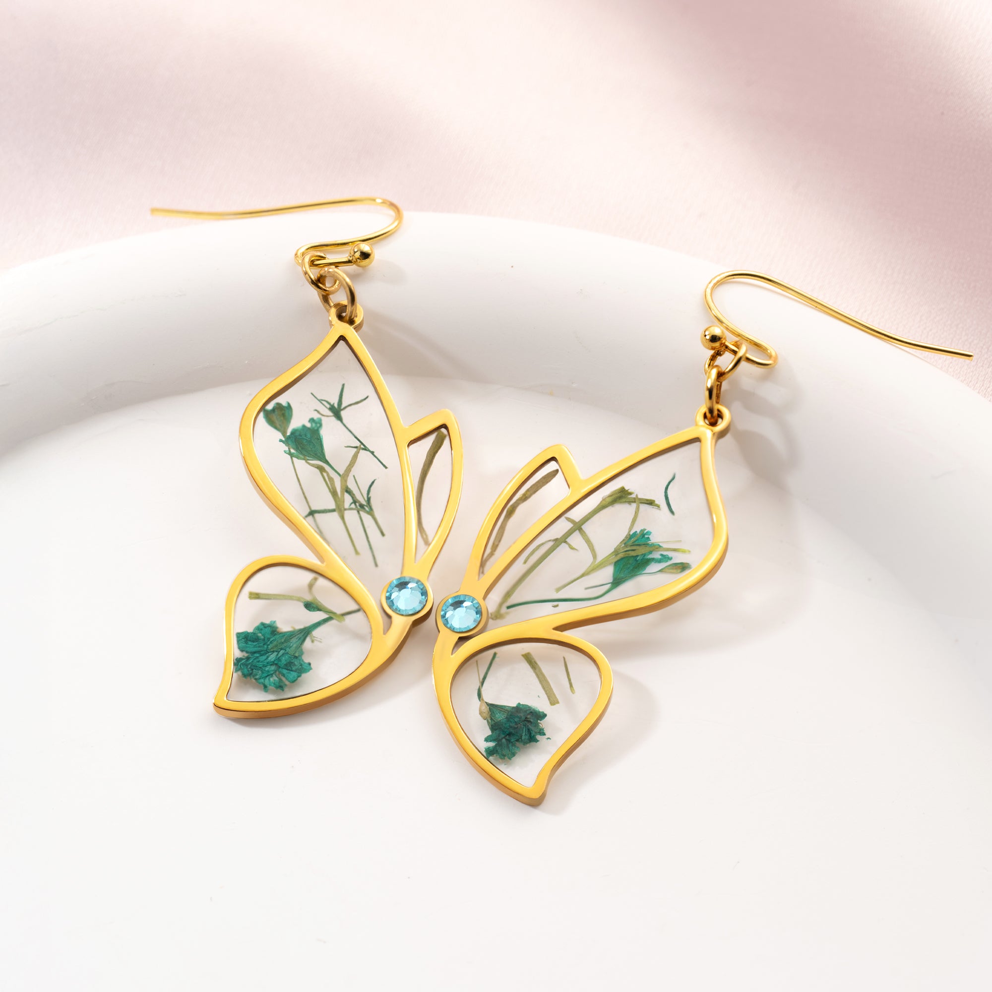 Pendientes personalizados de Mariposa Transparente Flor Seca Piedra de Nacimiento Joyería delicada Cumpleaños Aniversario San Valentín Regalo para Mujeres Amantes de la Naturaleza