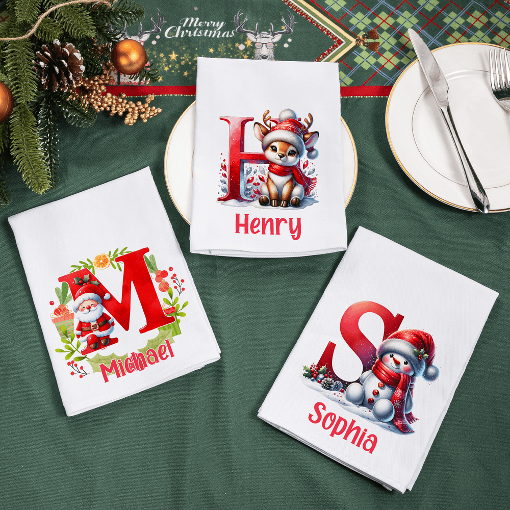 Guirnalda personalizada Pingüino Muñeco de Nieve Inicial 100% Algodón Servilleta de Navidad con Nombre Decoración de Mesa Regalo de Navidad para Niños Familia Amigos