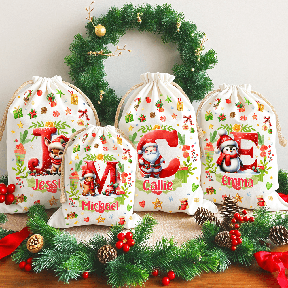 Personalizada Muñeco de Nieve Reno Pingüino Navidad Inicial Bolsa de Regalo de Navidad de Cordón con Nombre Fiesta de Nochebuena Regalo para Niños Familia Amigos
