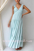 V Neck Ruffle Trim Tiered Sleeveless Linen Maxi Dress (2 Colors)