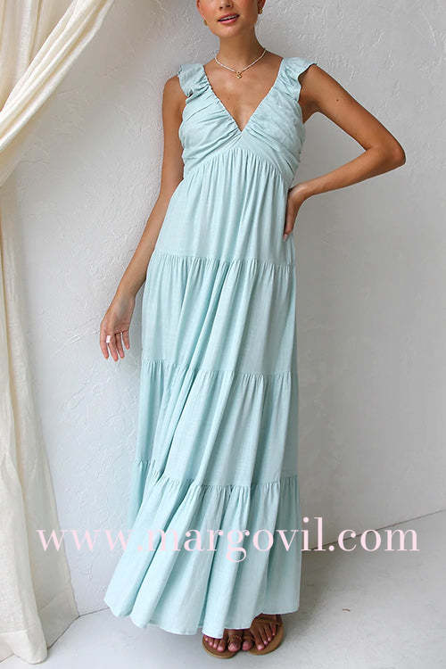 V Neck Ruffle Trim Tiered Sleeveless Linen Maxi Dress (2 Colors)