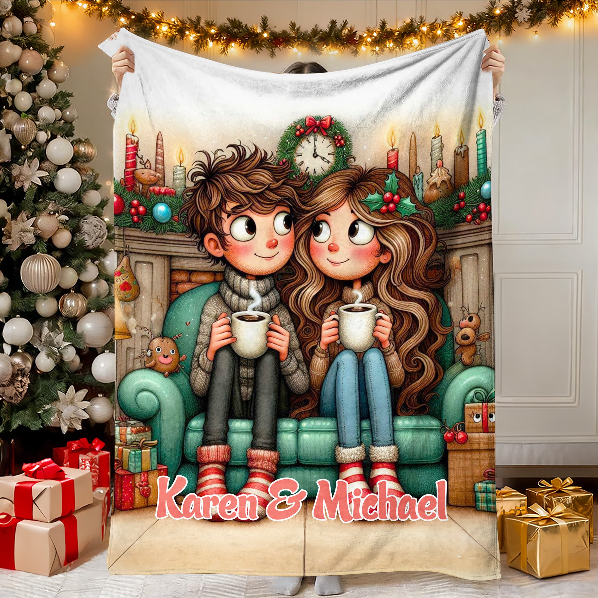 Personalizado de Navidad Pareja Personajes de dibujos animados suave manta con el texto Decoración del hogar Regalo de Navidad para la pareja Esposa Marido