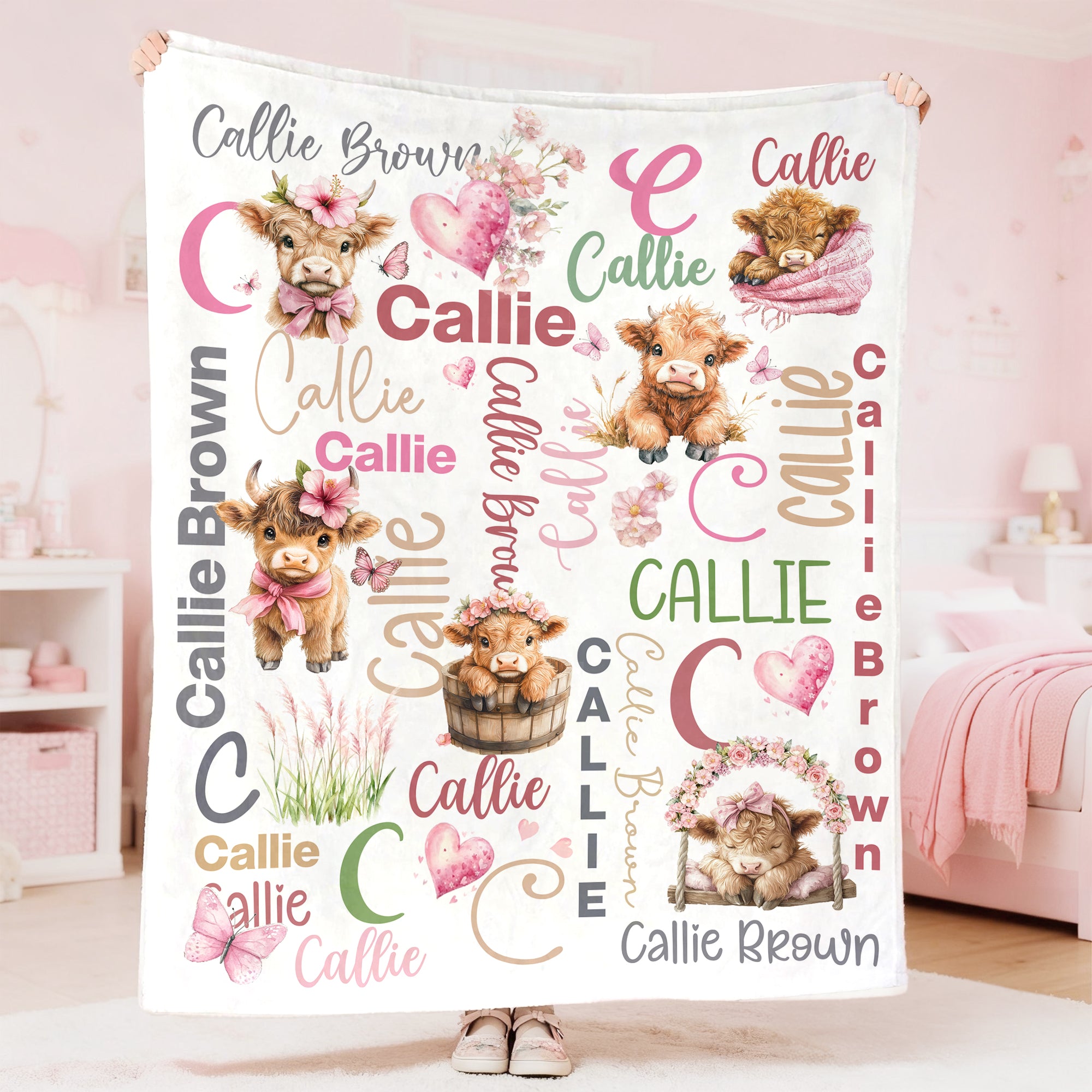 Personalizada Highland Vaca Inicial Suave Manta con Nombre Decoración del Hogar Navidad Cumpleaños Regalo para la Familia Niños Amantes de las Vacas