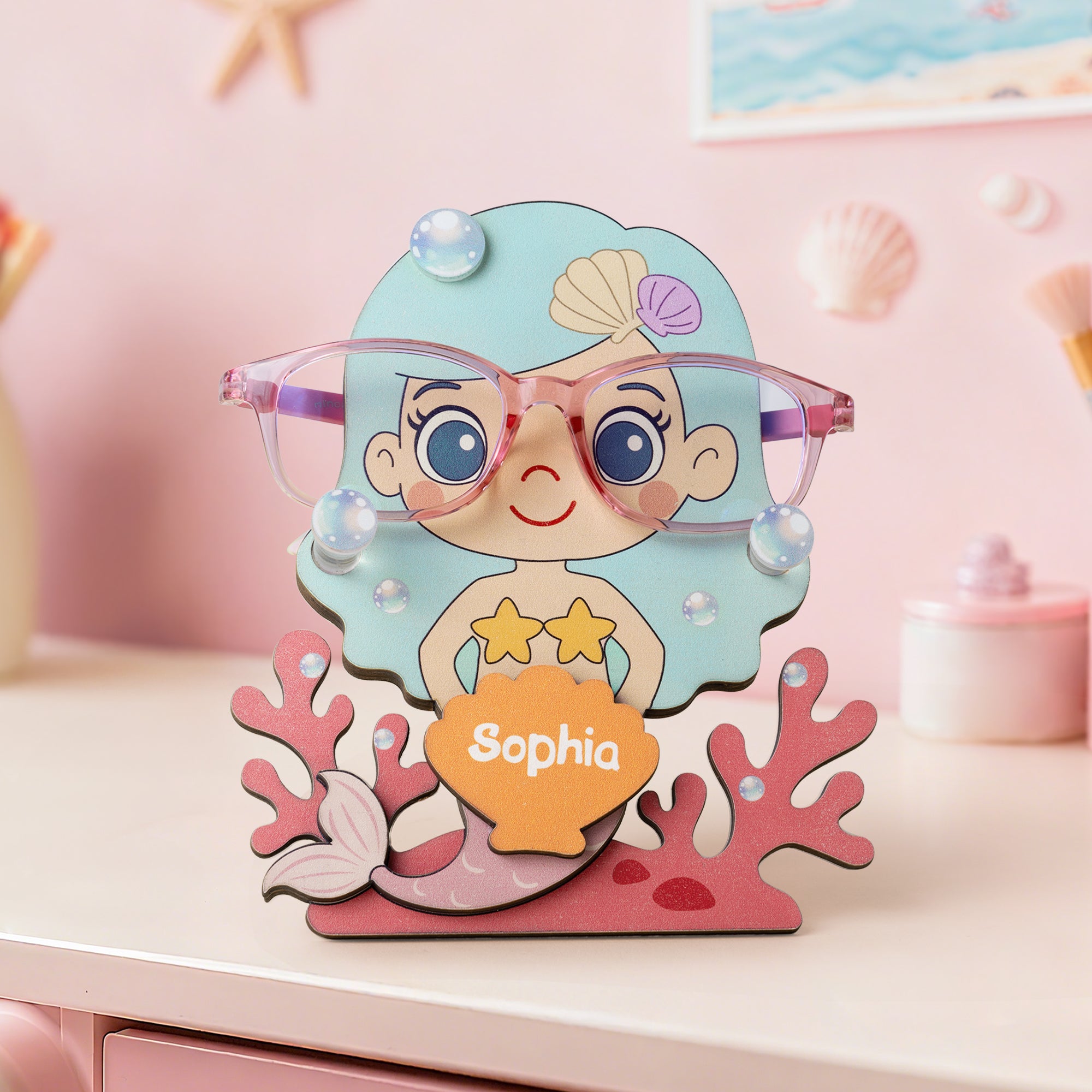 Soporte portagafas con nombre personalizado de concha de coral y simpática sirena Regalo de cumpleaños para niñas
