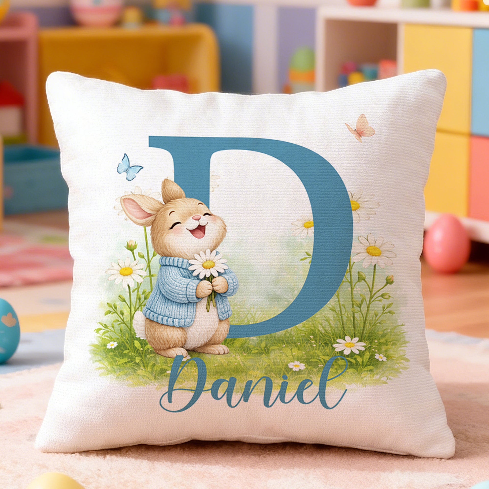 Funda de cojín personalizada con nombre e inicial de conejito flor multicolor para decoración de hogar Pascua fiesta regalo para niños