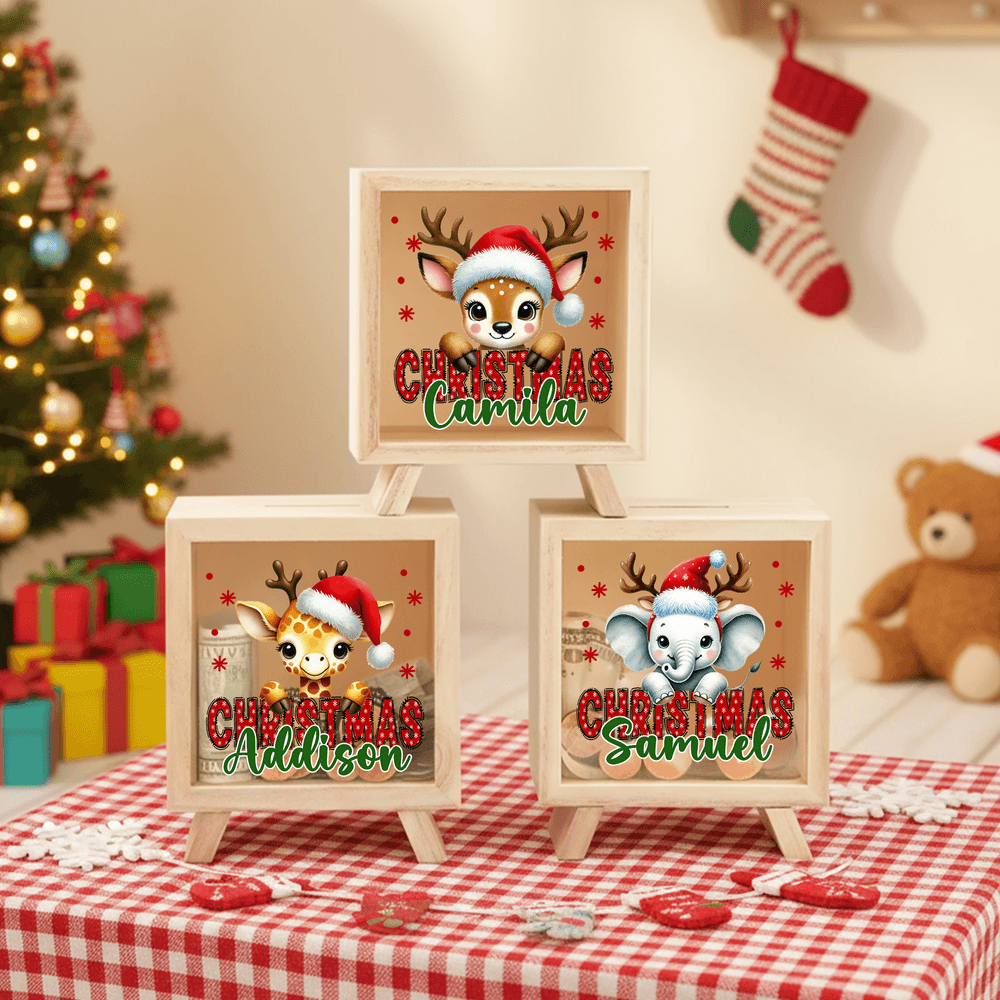 Gorro de Papá Noel de Navidad Personalizado Lindo Animal de Madera Hucha Transparente con Nombre Decoración de Escritorio Regalo de Navidad para Niños