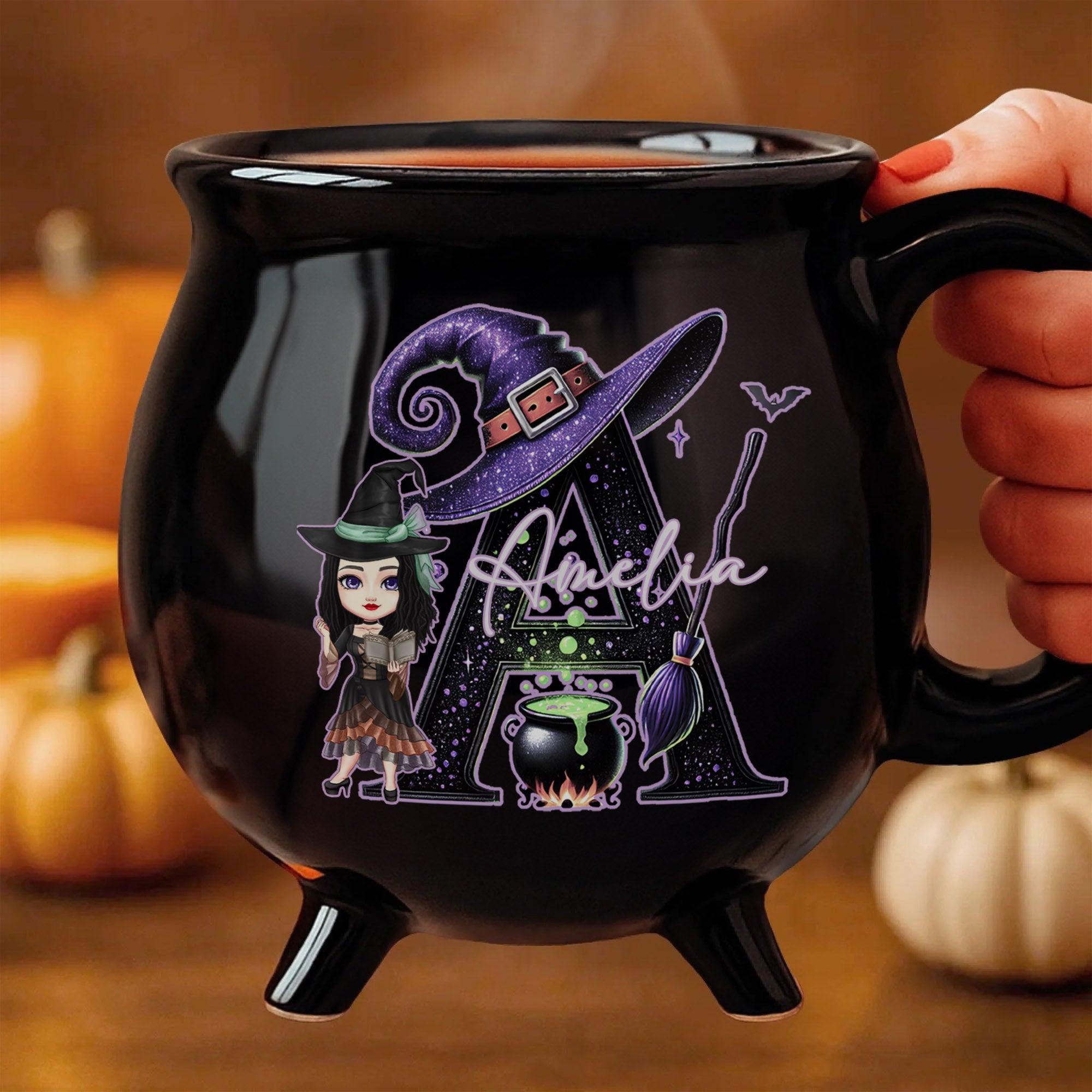 Personalizada de Halloween de disfraces de dibujos animados personaje negro caldero de cerámica taza de café con la inicial y el nombre de Halloween Fiesta de Regalo para Mujeres Niños