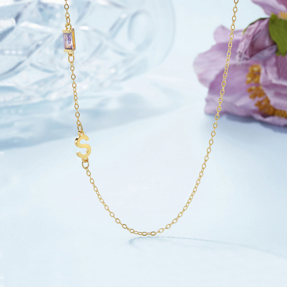 Collar personalizado de baguette con piedra de nacimiento e inicial lateral Joyería minimalista Cumpleaños Aniversario Día de la Madre Regalo para mujer