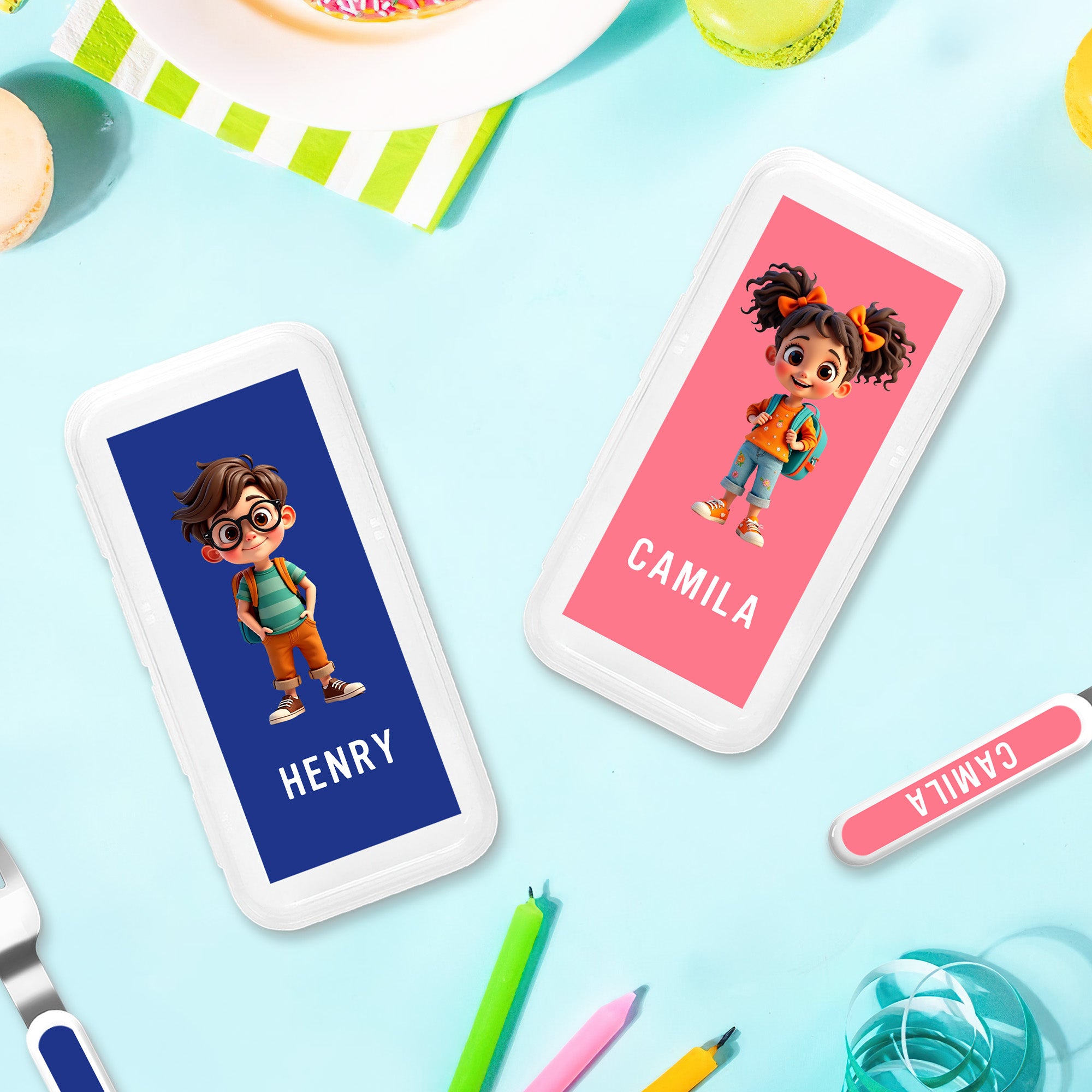 Tenedor Cuchara Cuchillo 3 Piezas Juego de Cubiertos Personalizado de Dibujos Animados Niño Niña de Acero Inoxidable con Estuche y Nombre Regalo de Cumpleaños Vuelta al Cole para Niños