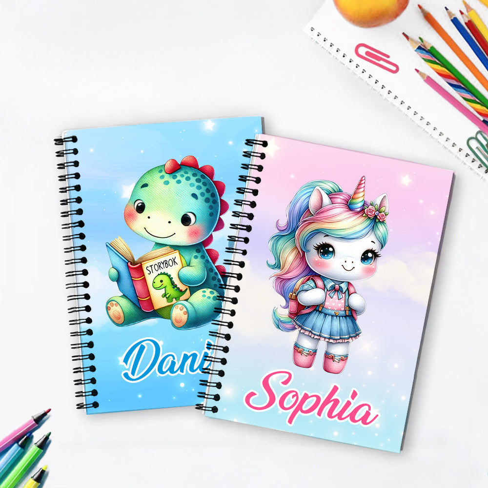 Cuaderno de Espiral A5 Personalizado Fantasía Unicornio Dinosaurio con Nombre y 120 Páginas Regalo de Cumpleaños Vuelta al Cole para Niños Niñas
