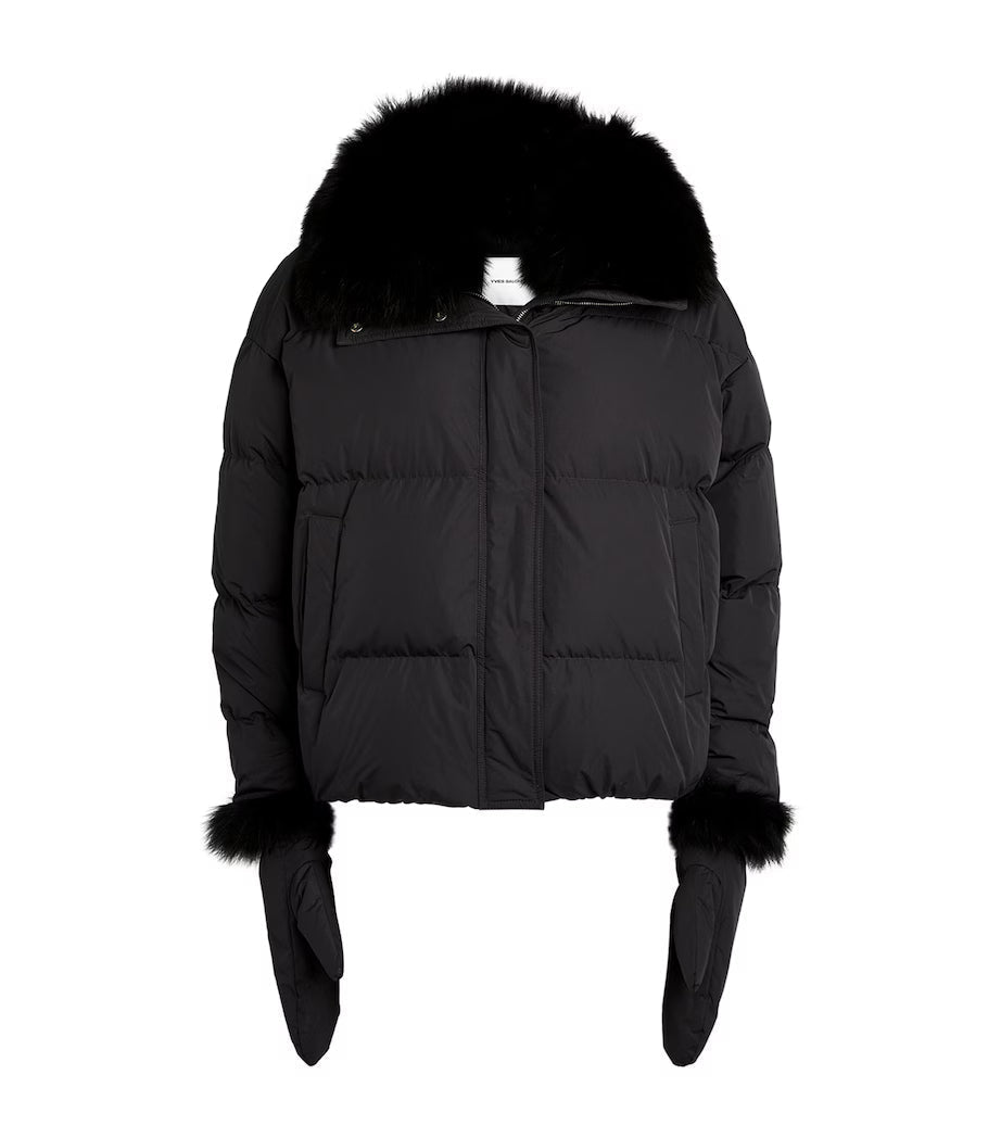 Yves Salomon Fox Fur-Trimmed Down Jacket — Black