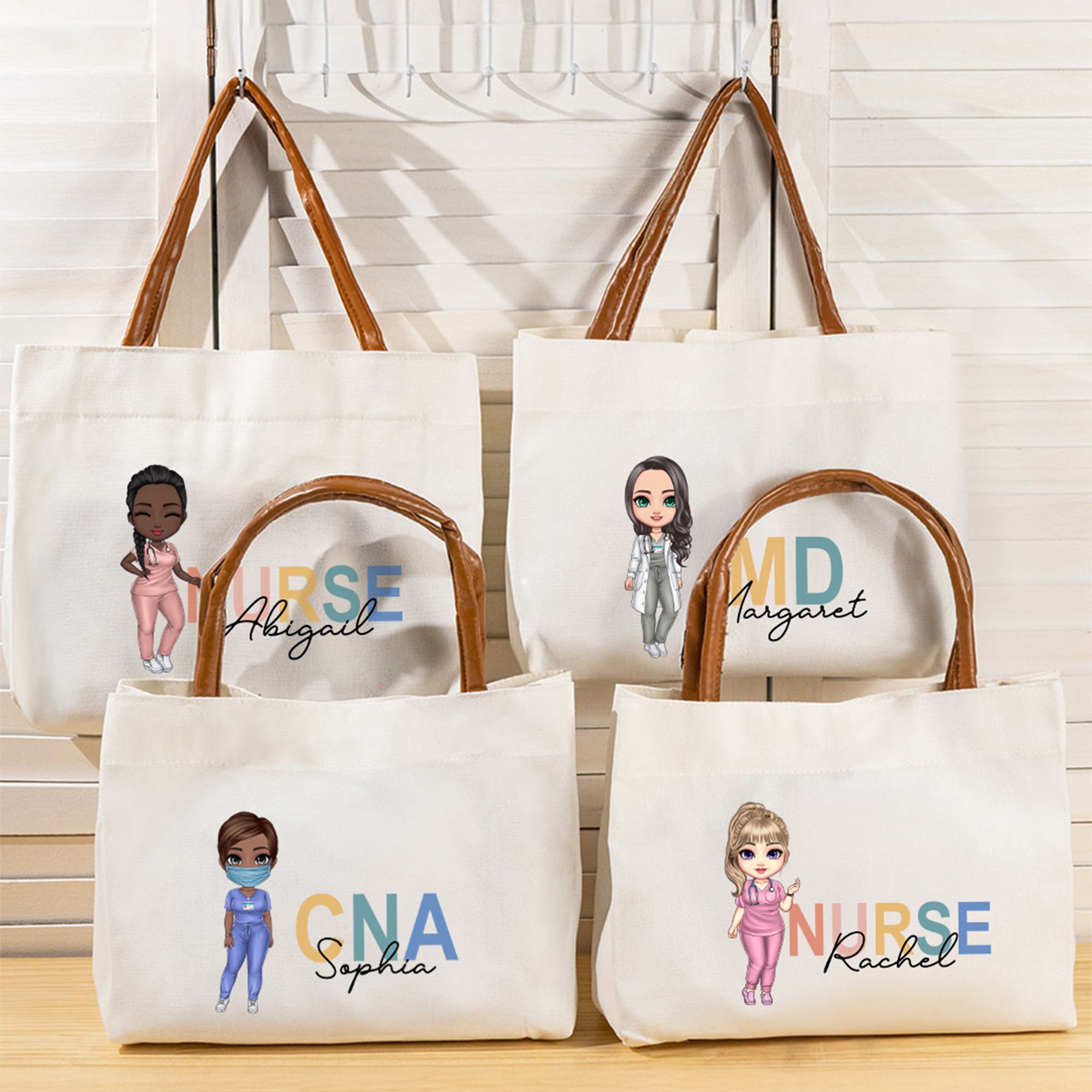 Personalizado Cartoon Character Canvas Tote Bag with PU Leather Handle and Name Daily Use Appreciation Birthday Gift for Nurse Doctor Medical Staff