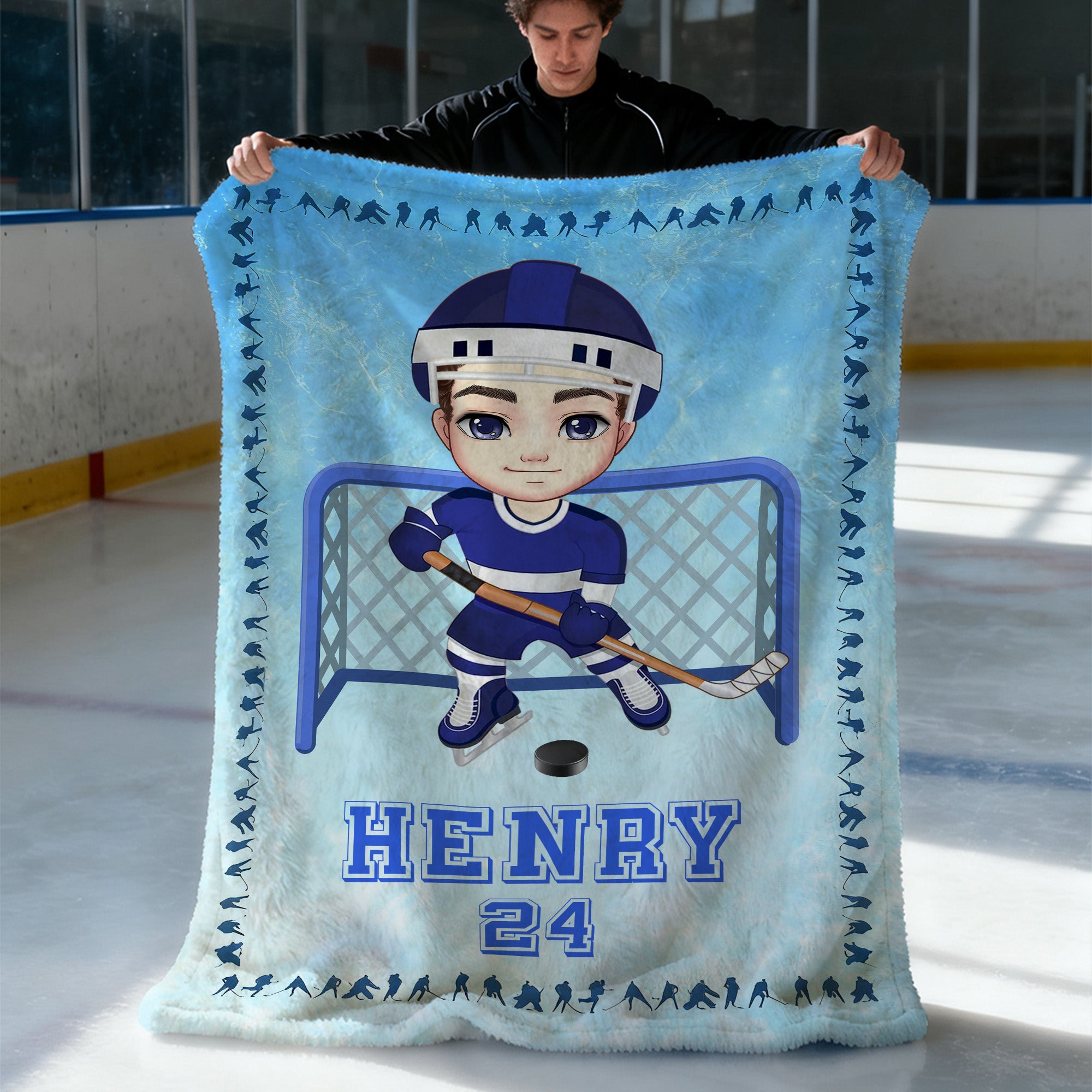 Manta personalizada de dibujos animados con nombre y número para decoración del hogar Regalo de cumpleaños para los amantes del hockey sobre hielo