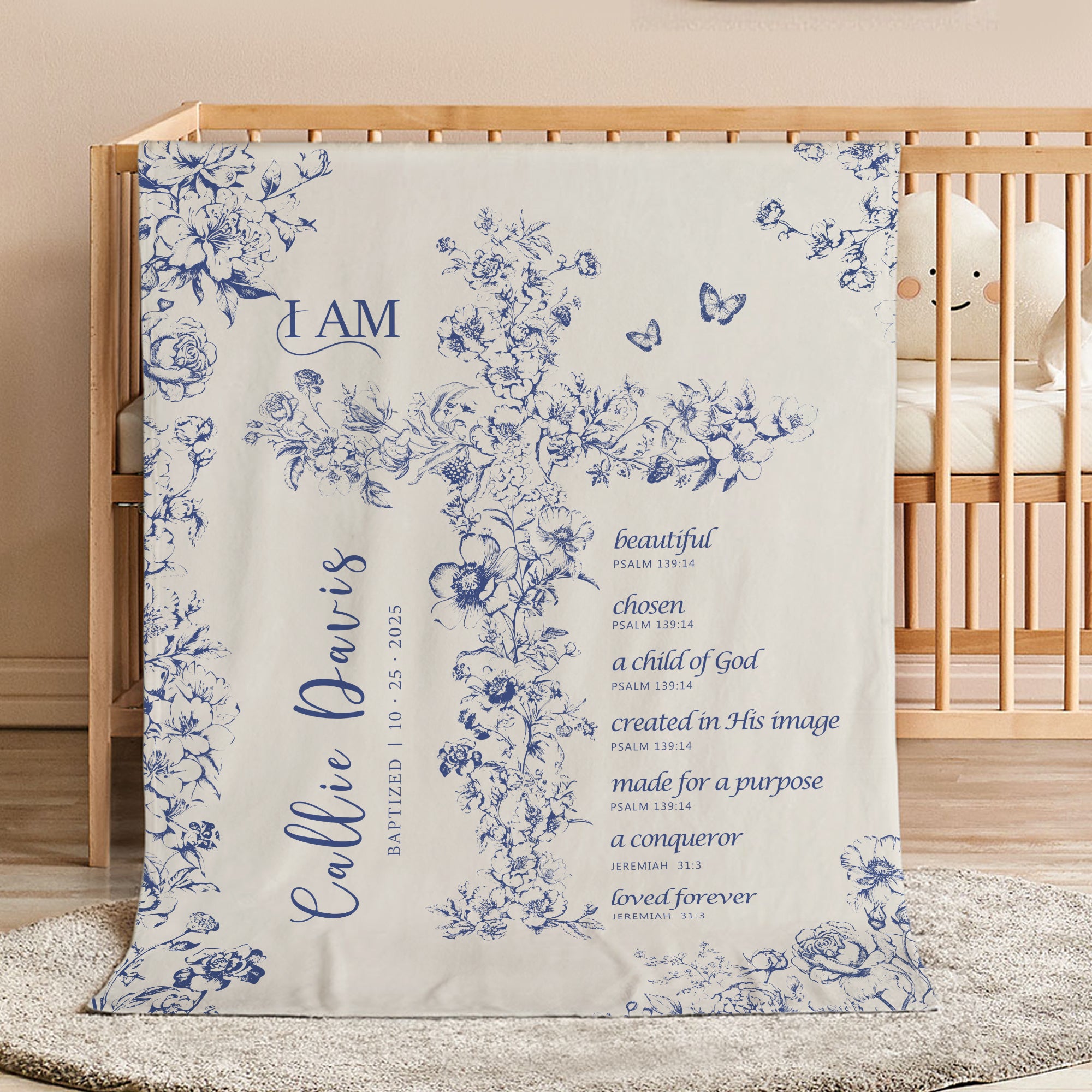 Toile de Jouy personalizado Cruz versículo de la Biblia suave manta con nombre y fecha cumpleaños bautismo regalo para niños cristianos