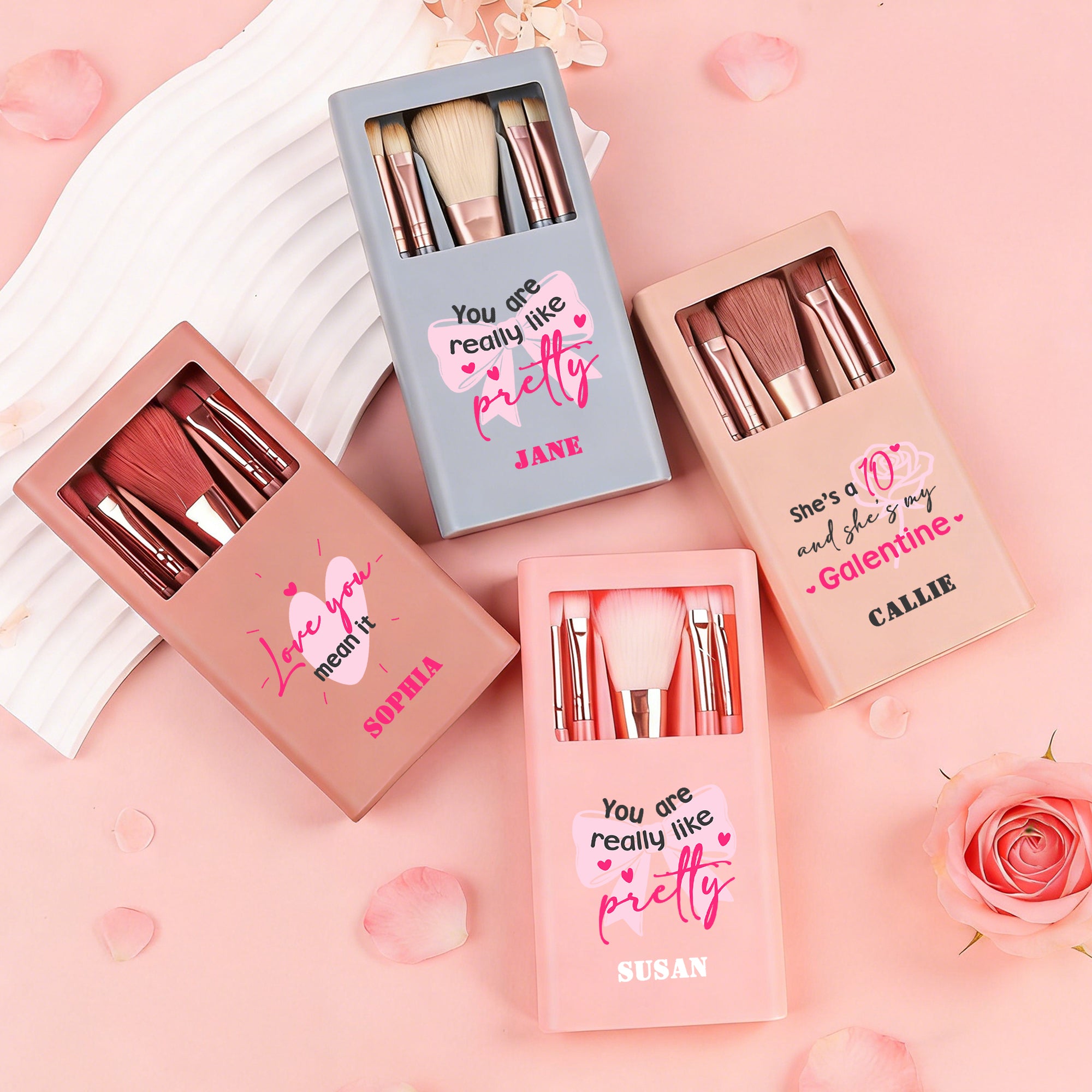 Personalizado Corazón Lazo Rosa 5 Pcs Makeup Brushes Box Set con Nombre y Espejo Cumpleaños Día de San Valentín Regalo para Amigos Niñas