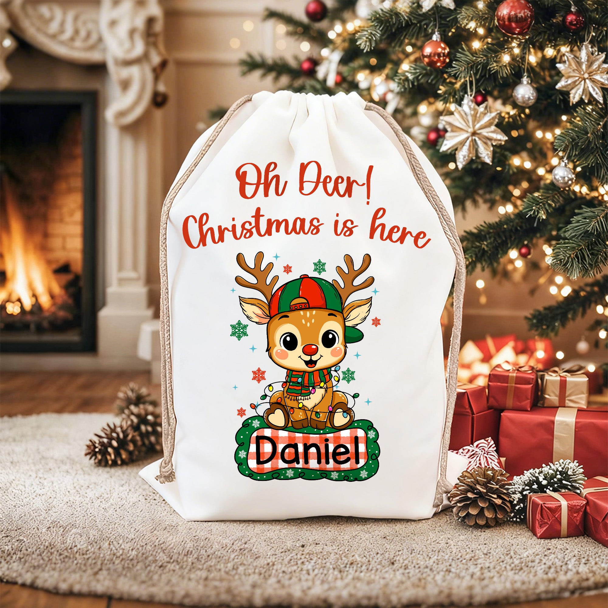 Personalizada copo de nieve lindo ciervo diseño lienzo bolsa de regalo de cordón con nombre regalo de Navidad para niños familia amigos