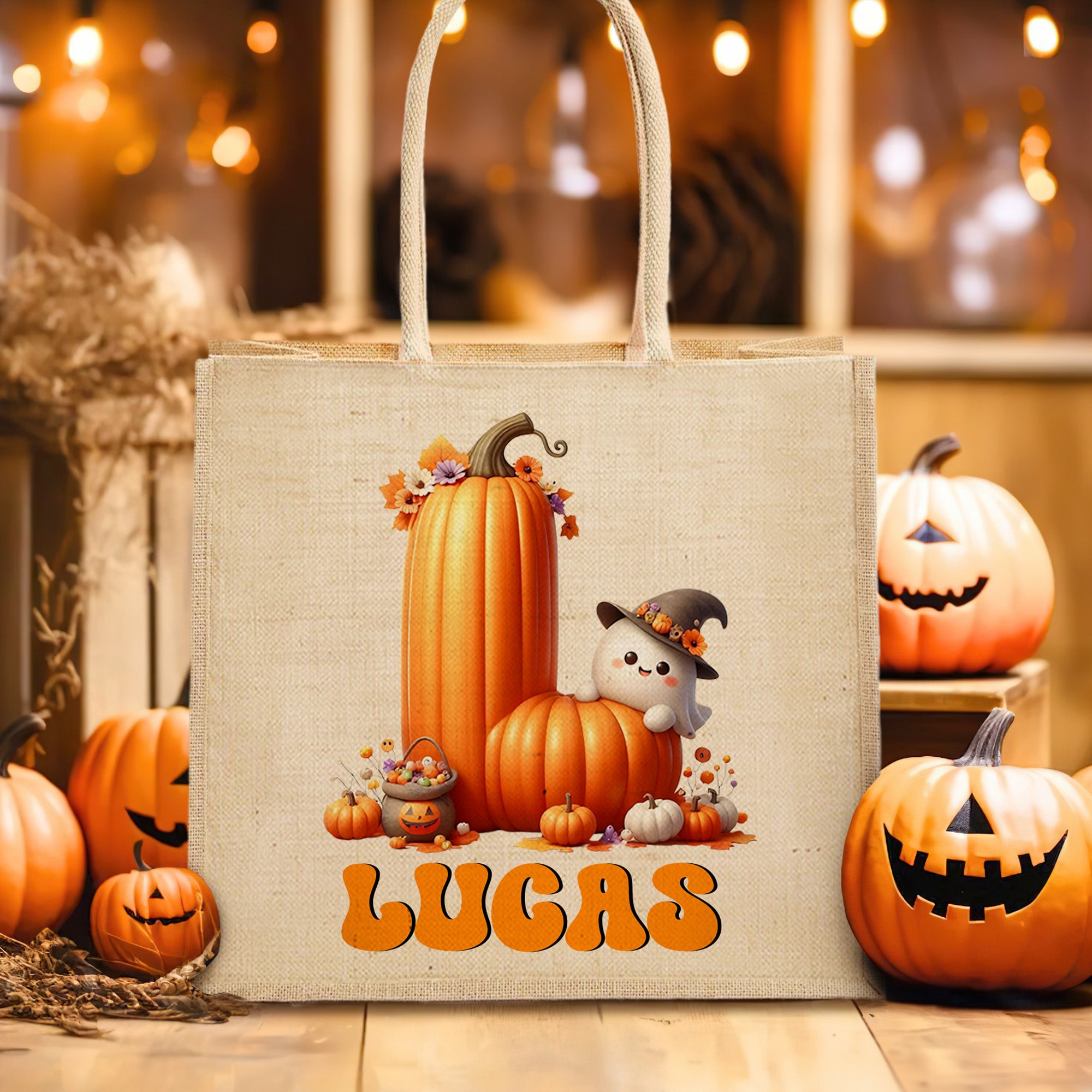 Bolsa de Yute Personalizada Halloween Fantasma Calabaza Iniciales con Nombre Fiesta de Halloween Accesorios de Viaje Regalo de Cumpleaños para Niños Niñas
