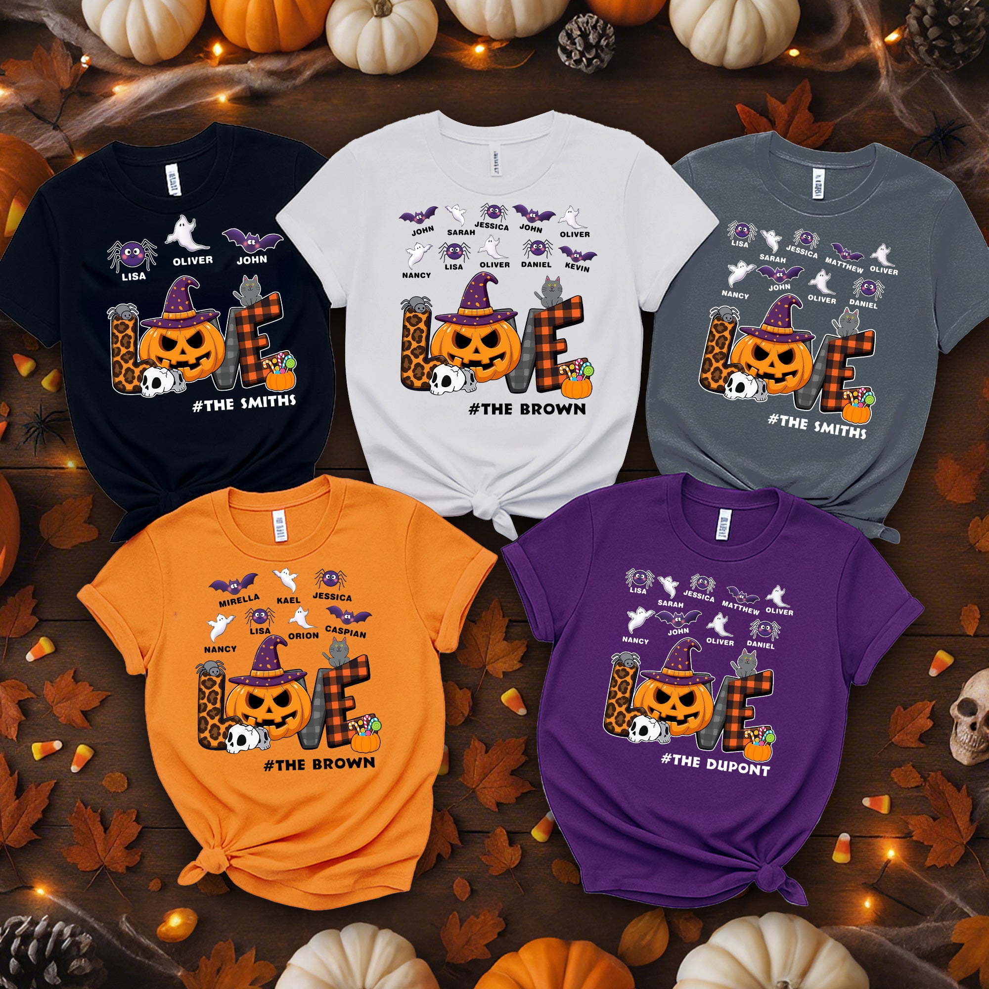 Personalizada Fantasma Murciélago Calabaza Amor Multicolor 100% Algodón Camiseta con 1-10 Nombres y Título Regalo de Halloween para la Familia