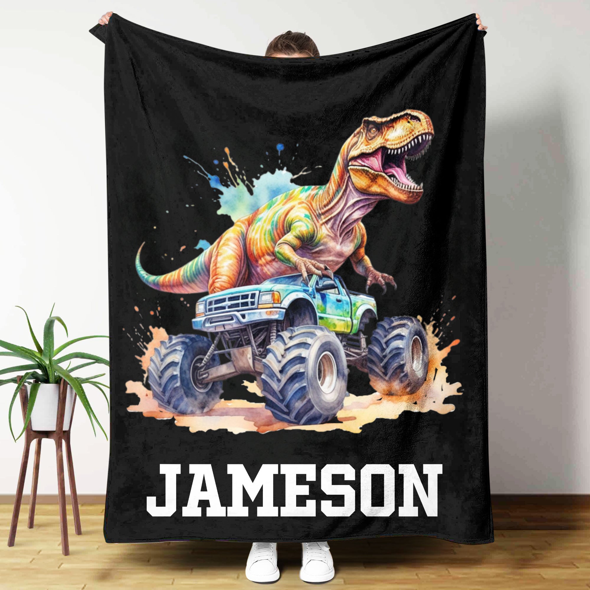 Manta blanda personalizada con nombre Dinosaurio todoterreno Decoración del hogar Regalo de Navidad Cumpleaños para niños