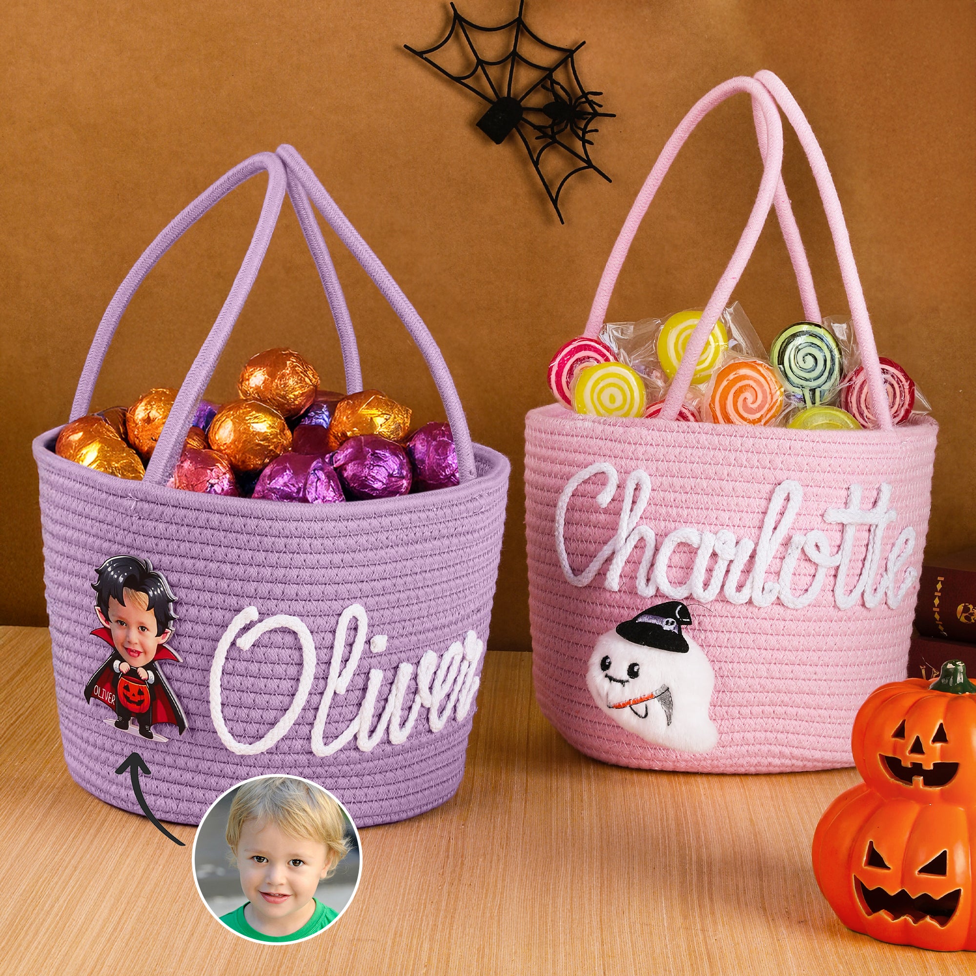 Personalizada Calabaza Fantasma Cara Foto Tema de Halloween Cesta de Cuerda de Algodón con Nombre Truco o Trato Regalo de Halloween para Niña Niño Niños