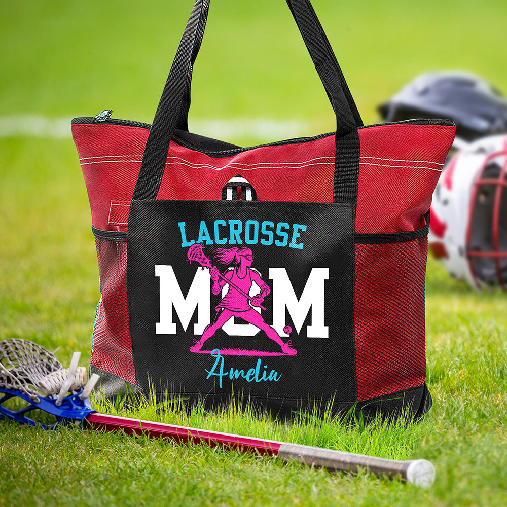 Bolsa de asas Oxford personalizada con silueta de jugador de lacrosse con texto y bolsillo de malla Regalo de cumpleaños para eventos deportivos Día de la Madre para los amantes del lacrosse