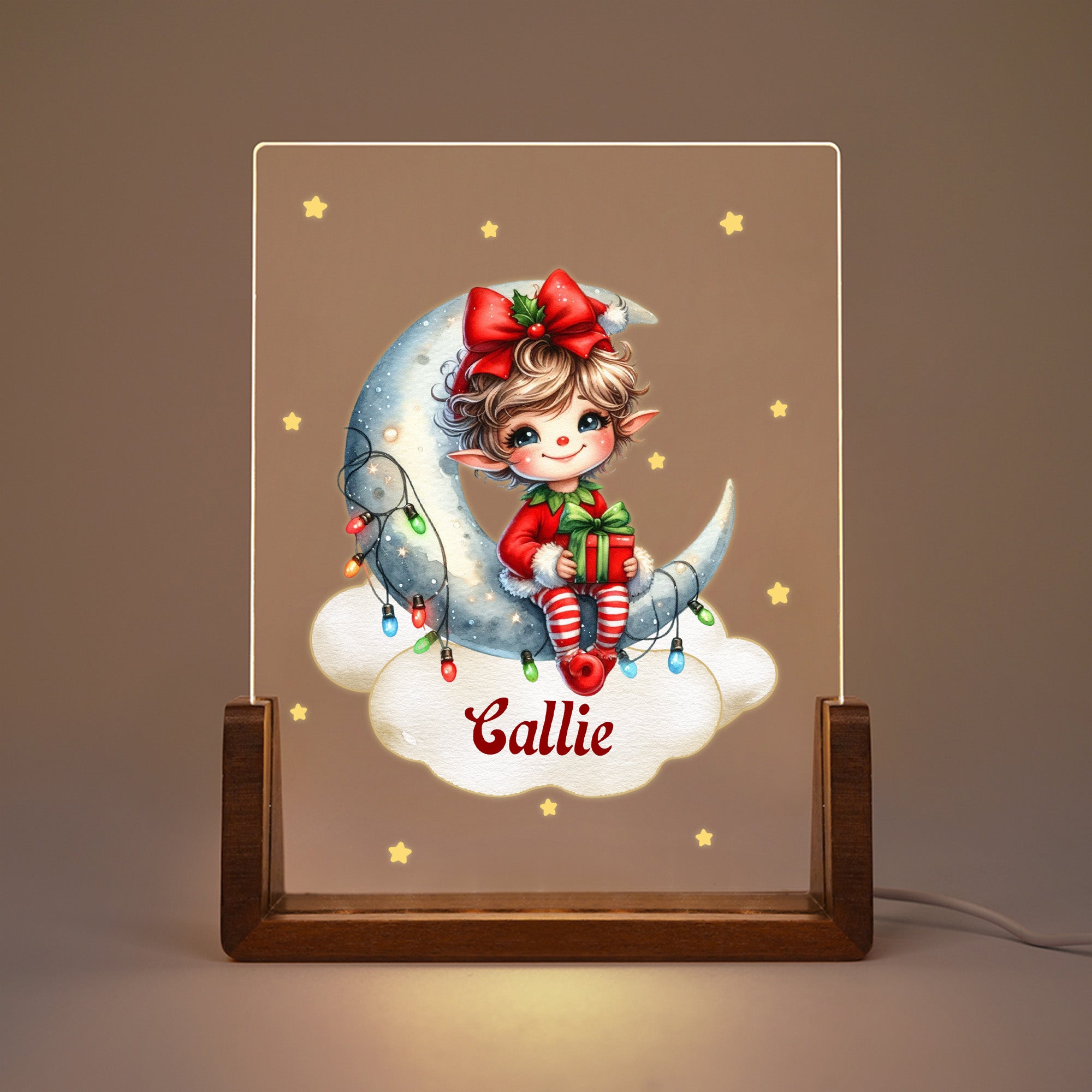 Fantasía Personalizada Estrella Copo de Nieve Ayudante de Papá Noel Nombre Elfo Acrílico LED Luz de Noche con Base de Madera Decoración de la Habitación Cumpleaños Regalo de Navidad para Niño Bebé