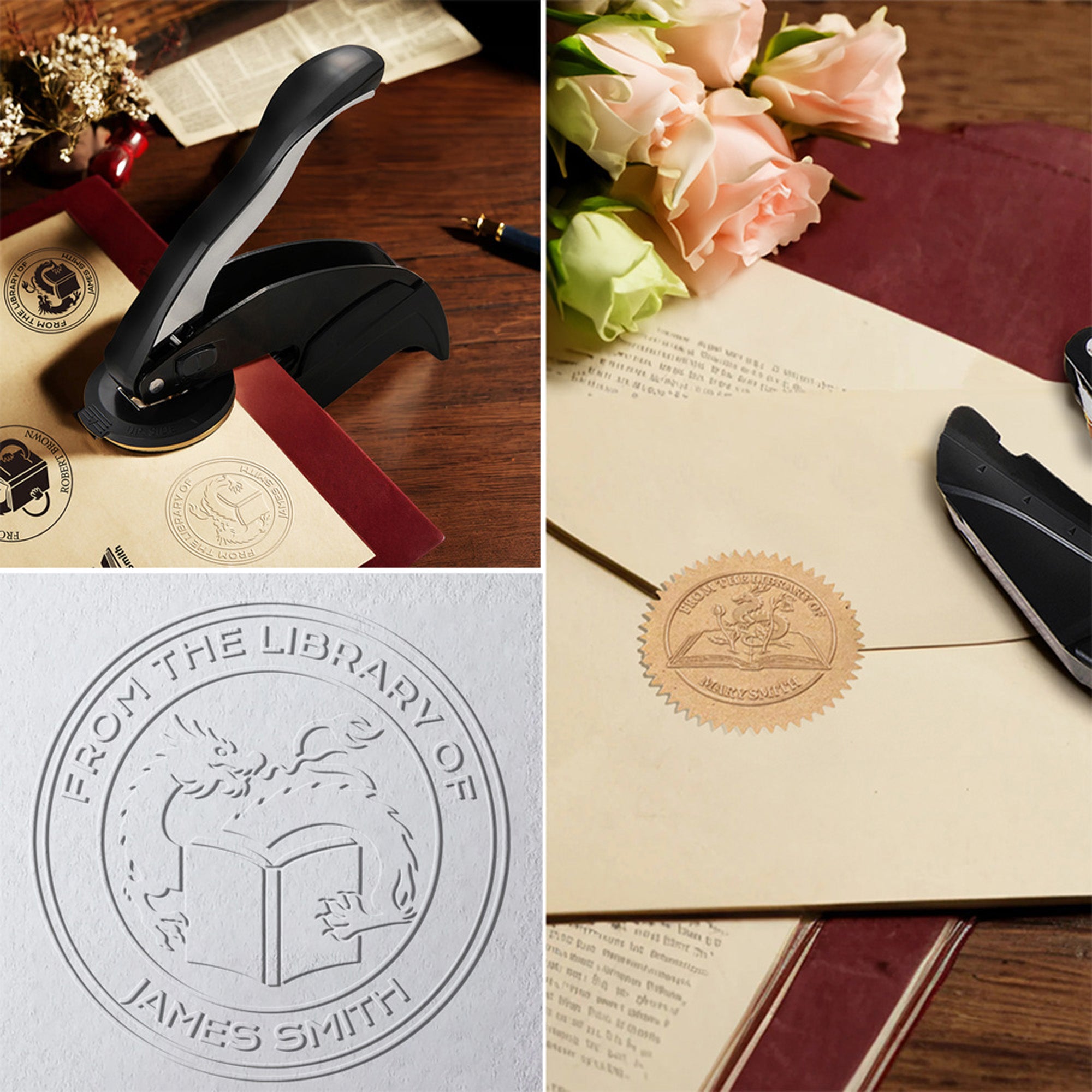 Sello en relieve personalizado para libro de fantasía Sello en relieve manual con título y nombre Regalo de cumpleaños del club de lectura para ratones de biblioteca