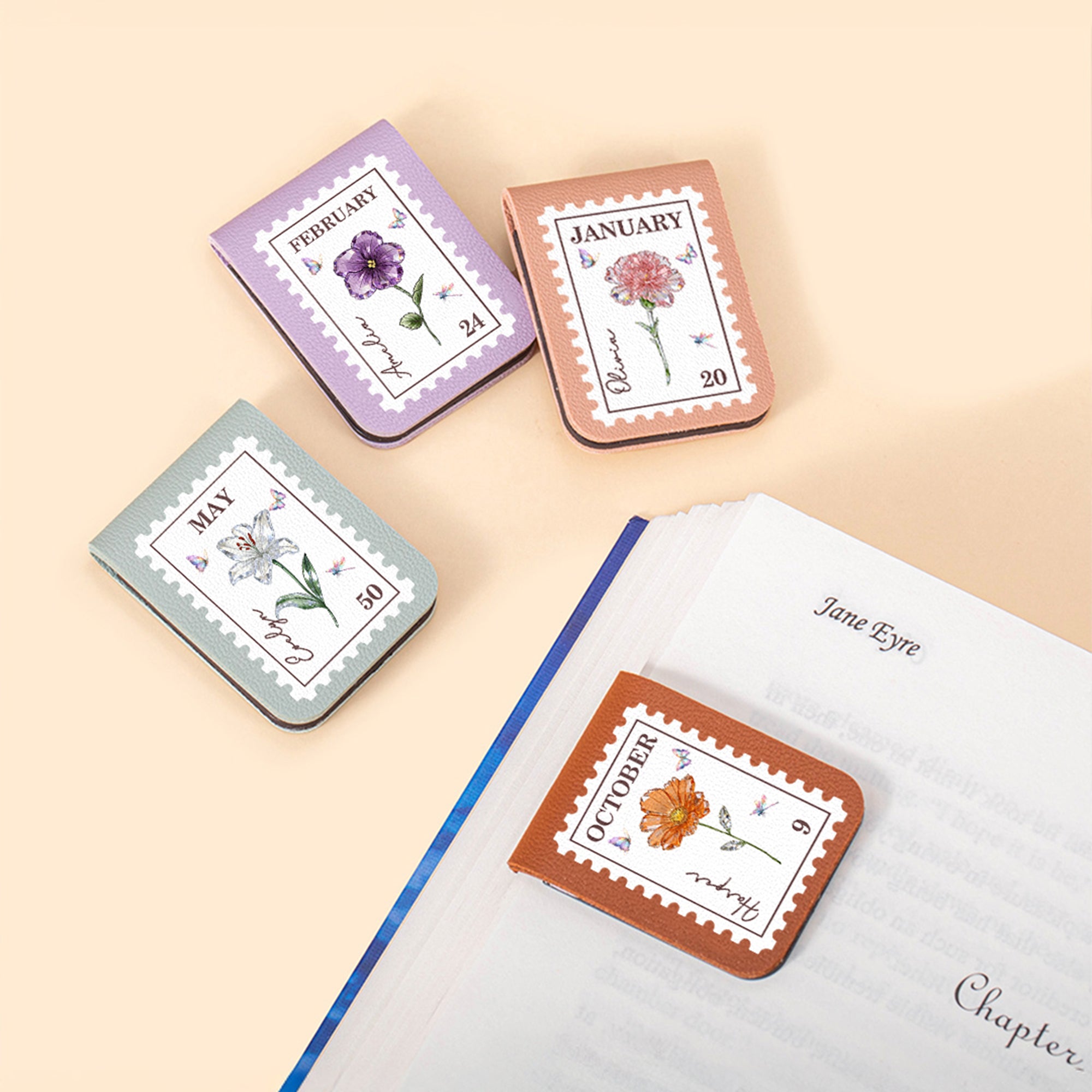 Personalizado Cristal Nacimiento Flor Sello de Correos de cuero de la PU magnético Marcapáginas Clip con Nombre Lectura Accesorio Regalo de cumpleaños para los amigos amantes de los libros