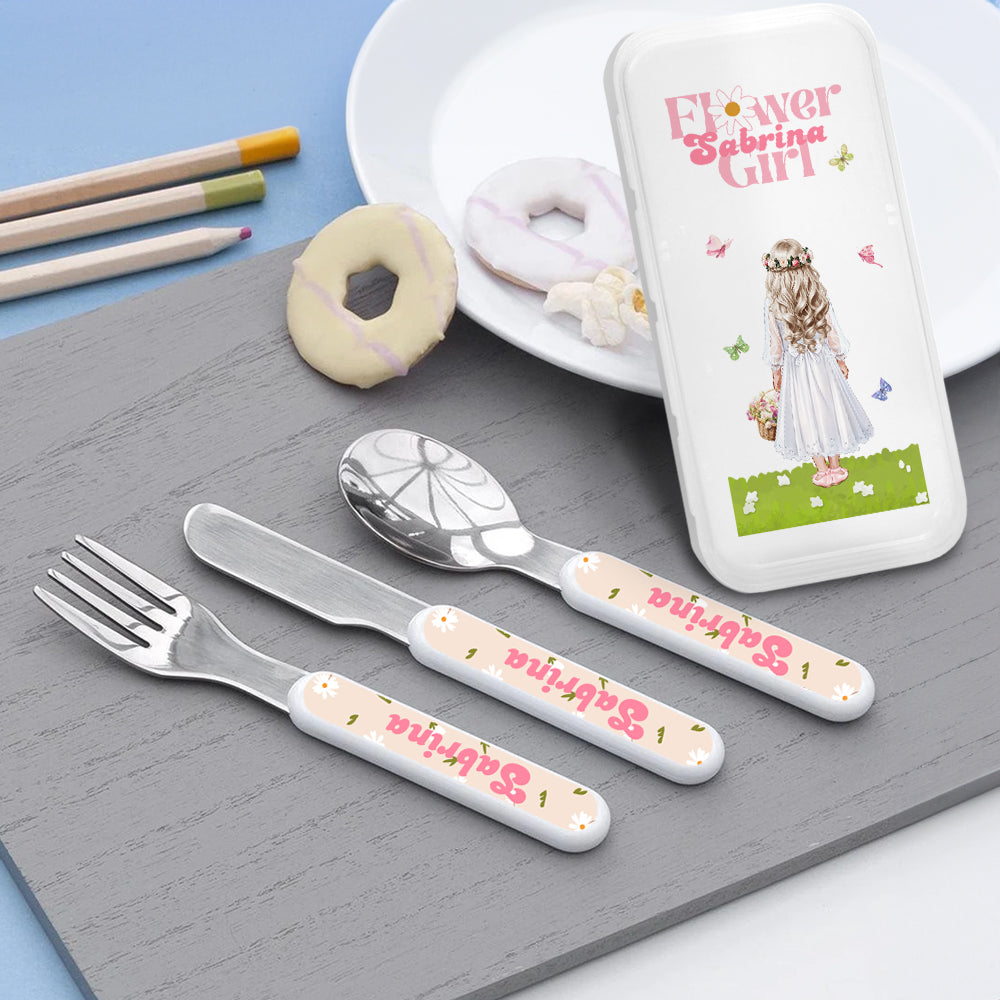 Personalizada Flower Girl Nombre del personaje del niño Tenedor Cuchara Cuchillo 3 piezas cubiertos conjunto con el caso de la boda del partido Favor Bridal Shower regalo para las niñas