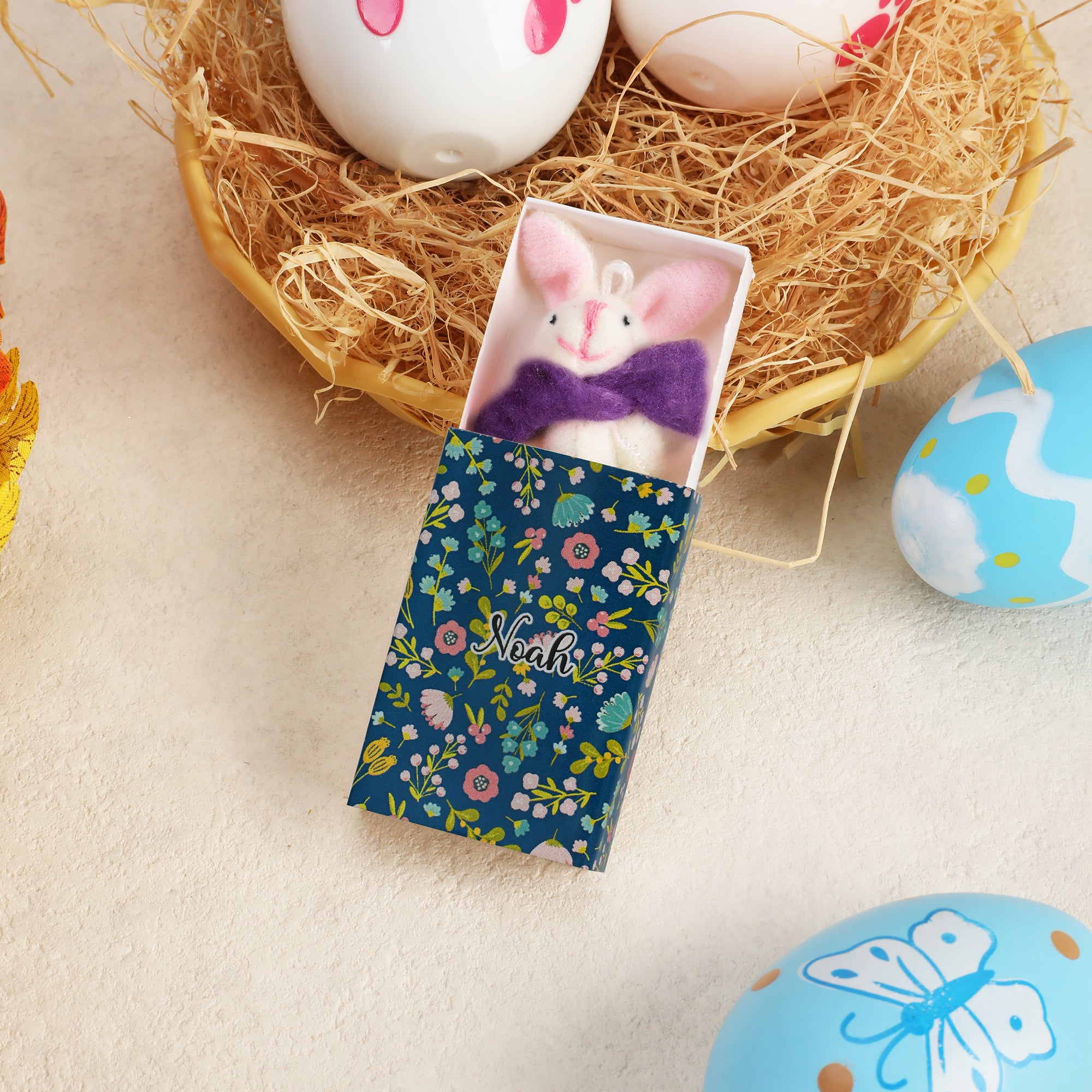 Conejito de Pascua de fieltro personalizado en caja de cerillas con nombre y pañuelo Primer regalo de Pascua para recién nacidos Niños Niñas