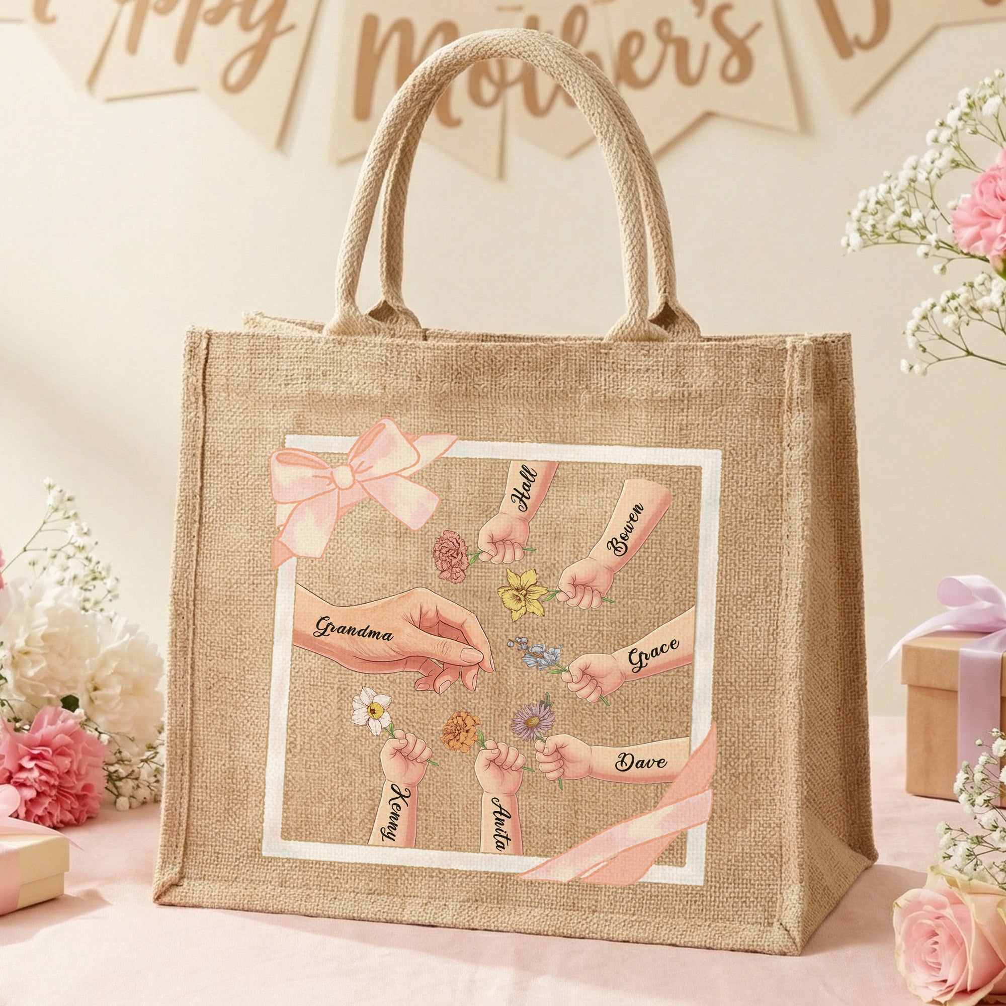 Personalizado 1-6 Nacimiento Flores Mamá Niños Manos Pequeñas Bolsa de Yute Grande con Nombre Día de la Madre Cumpleaños Regalo para Mamá Abuela