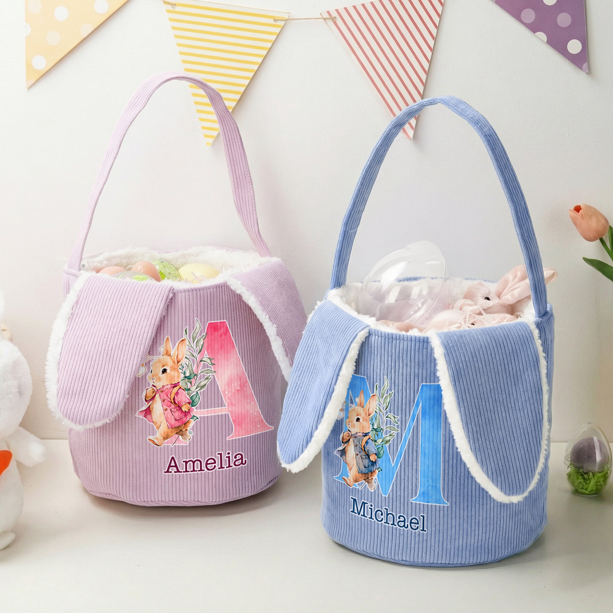 Cesta de Pascua de pana con conejito de acuarela personalizado con nombre e inicial Actividades al aire libre Búsqueda del huevo de Pascua Regalo para niños