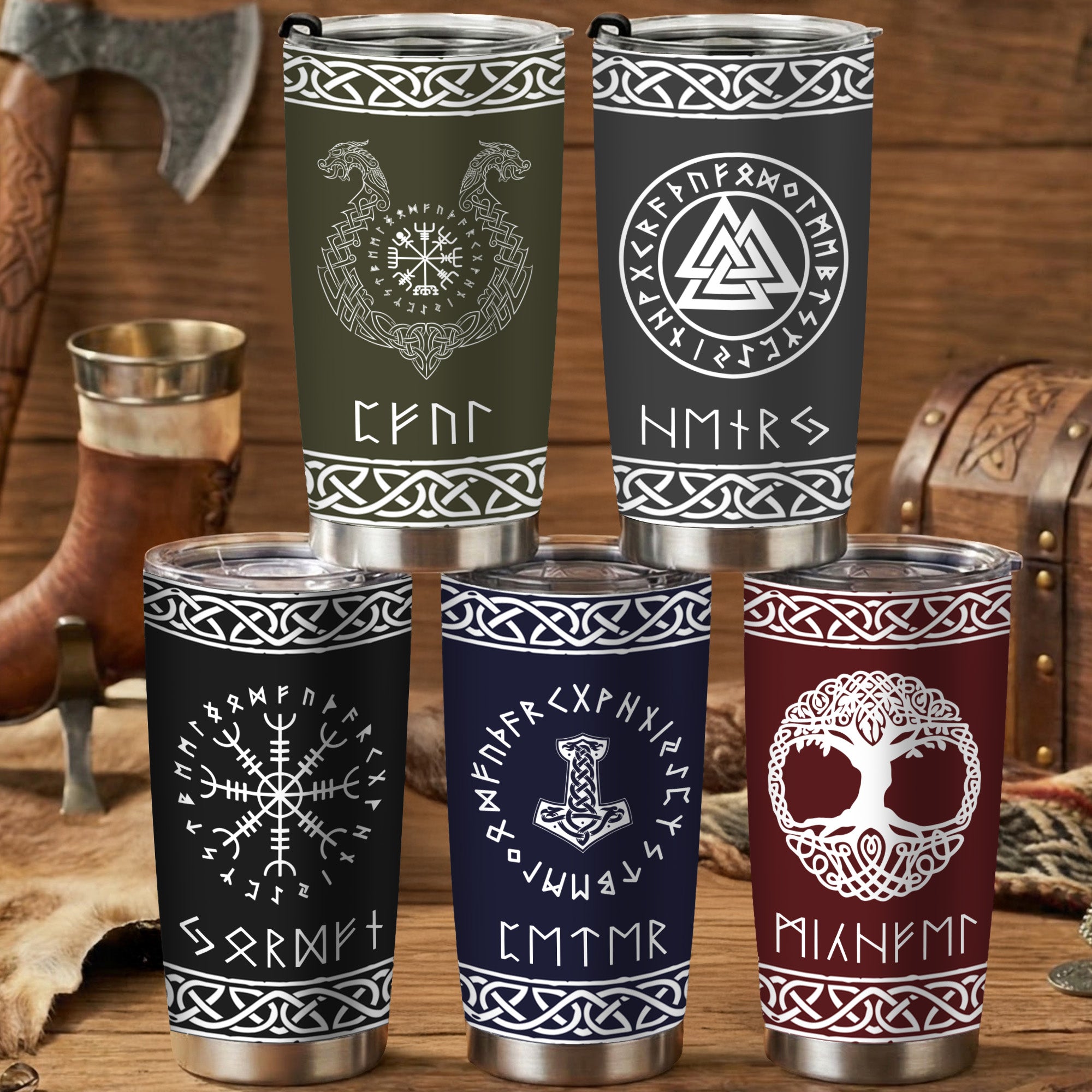 Vikingo personalizado multicolor Runas mitología nórdica aislado 20 oz Vaso con nombre de viaje de uso diario regalo de cumpleaños para los hombres