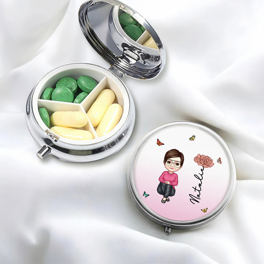 Mini Pastillero Redondo Personalizado con Nombre y Espejo Personaje de Caricatura Flor de Nacimiento Regalo de Cumpleaños para Amigos Familia