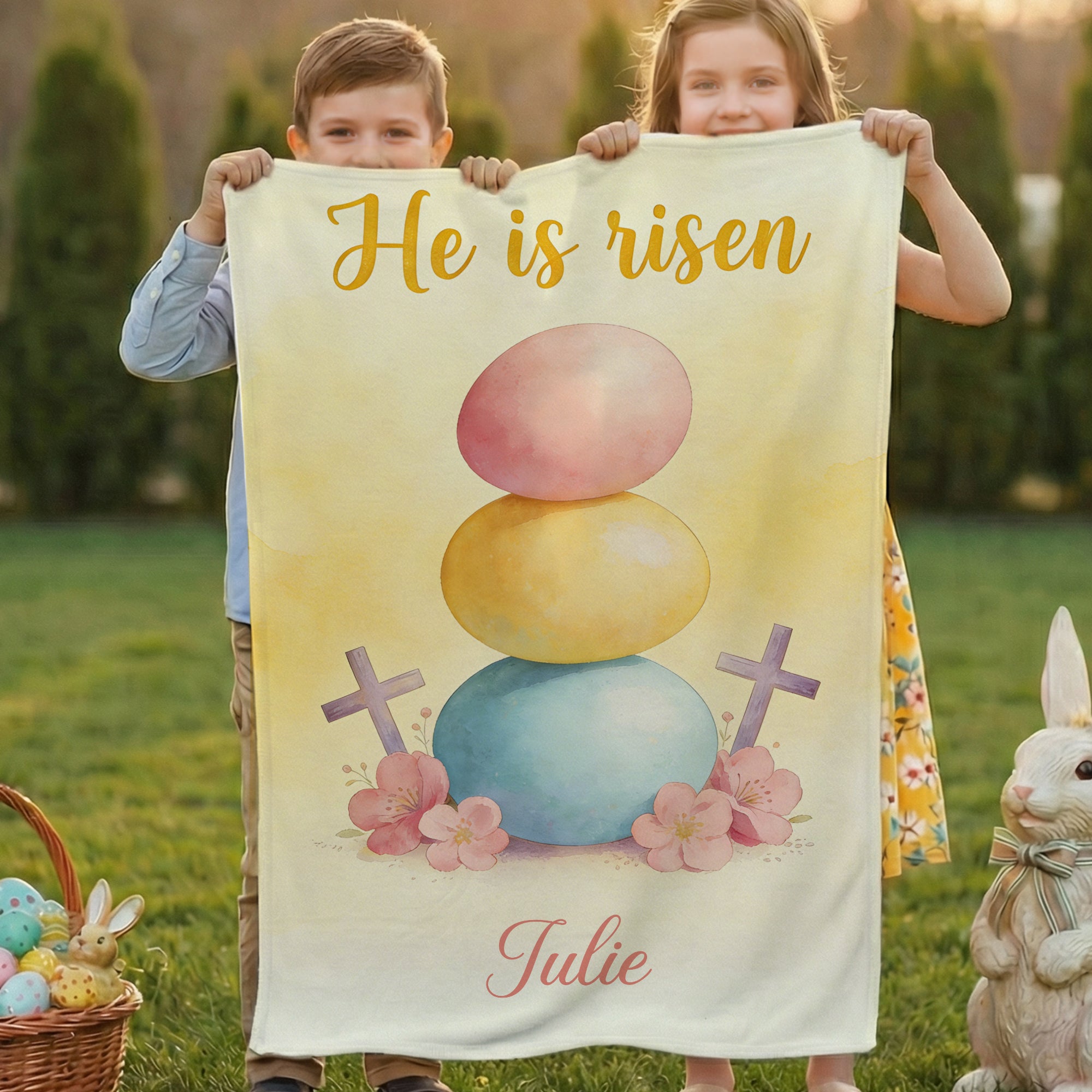 Manta blanda personalizada con nombre He Is Risen Cross Sheep Egg Hunting Easter Gift for Kids