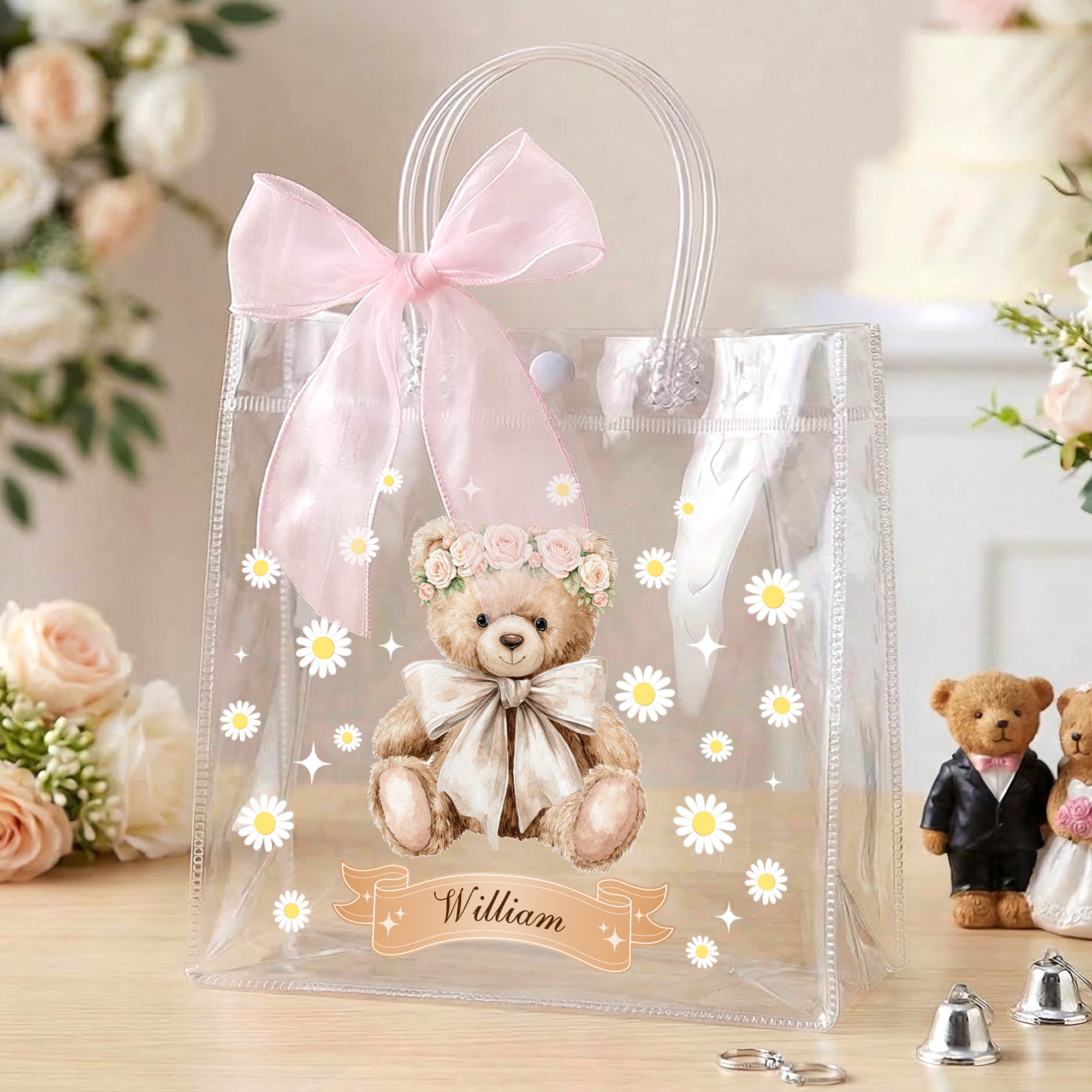 Personalizada Rosa Lazo Cinta Flor Niña Propuesta Osito Bolsa de Regalo Transparente con Nombre Boda Cumpleaños Regalo para la Familia Niños